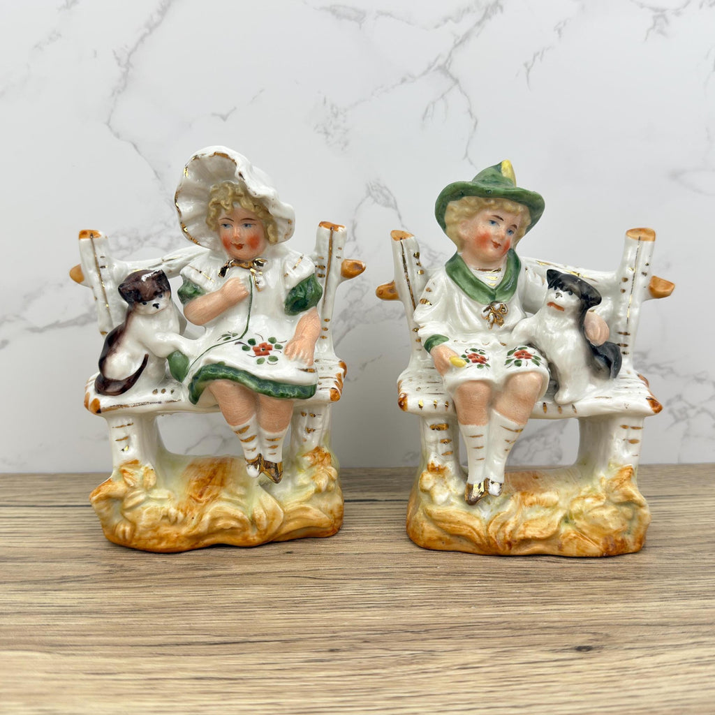 Vintage Porcelain Figurines – Boy & Girl with Dogs, Victorian Style