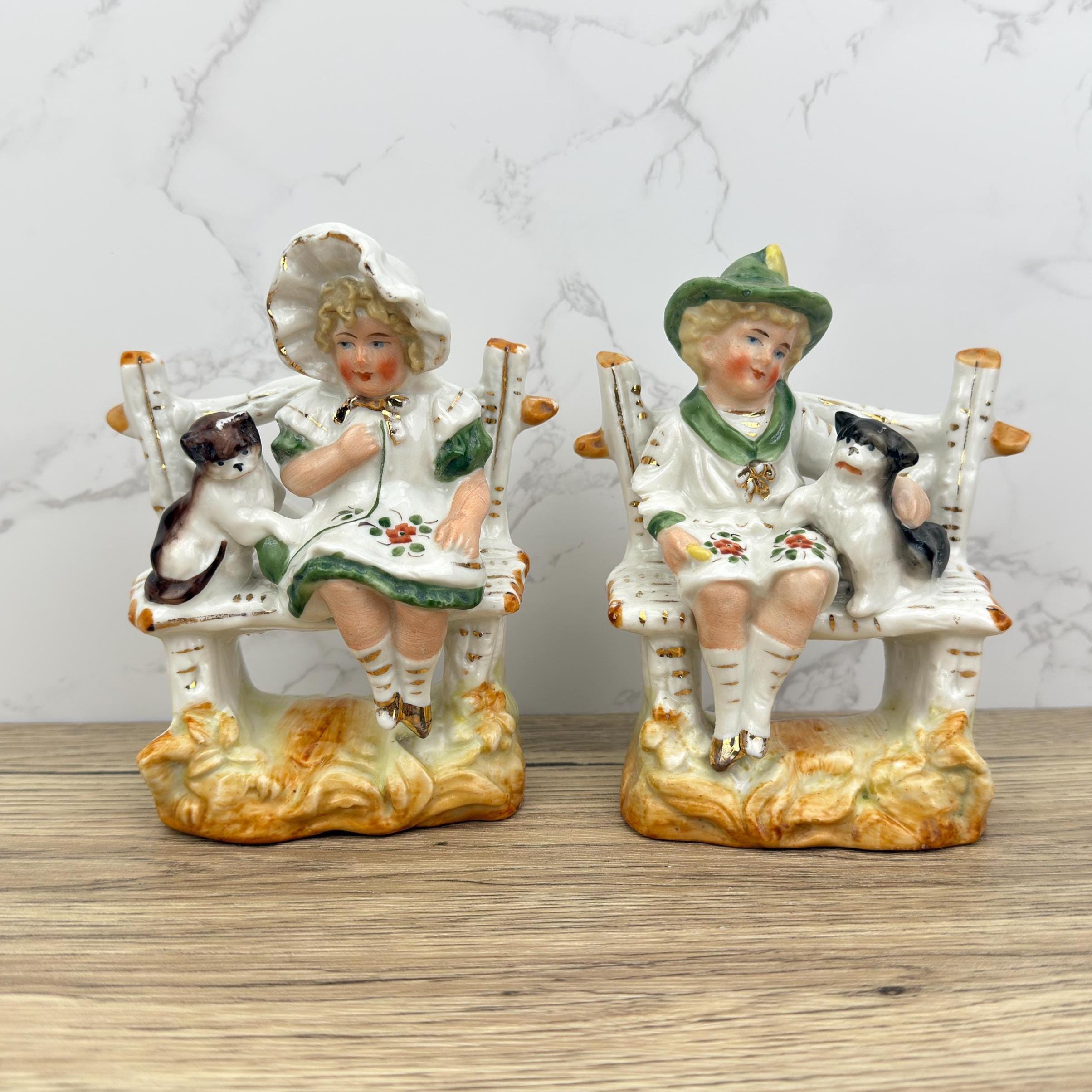 Vintage Porcelain Figurines – Boy & Girl with Dogs, Victorian Style