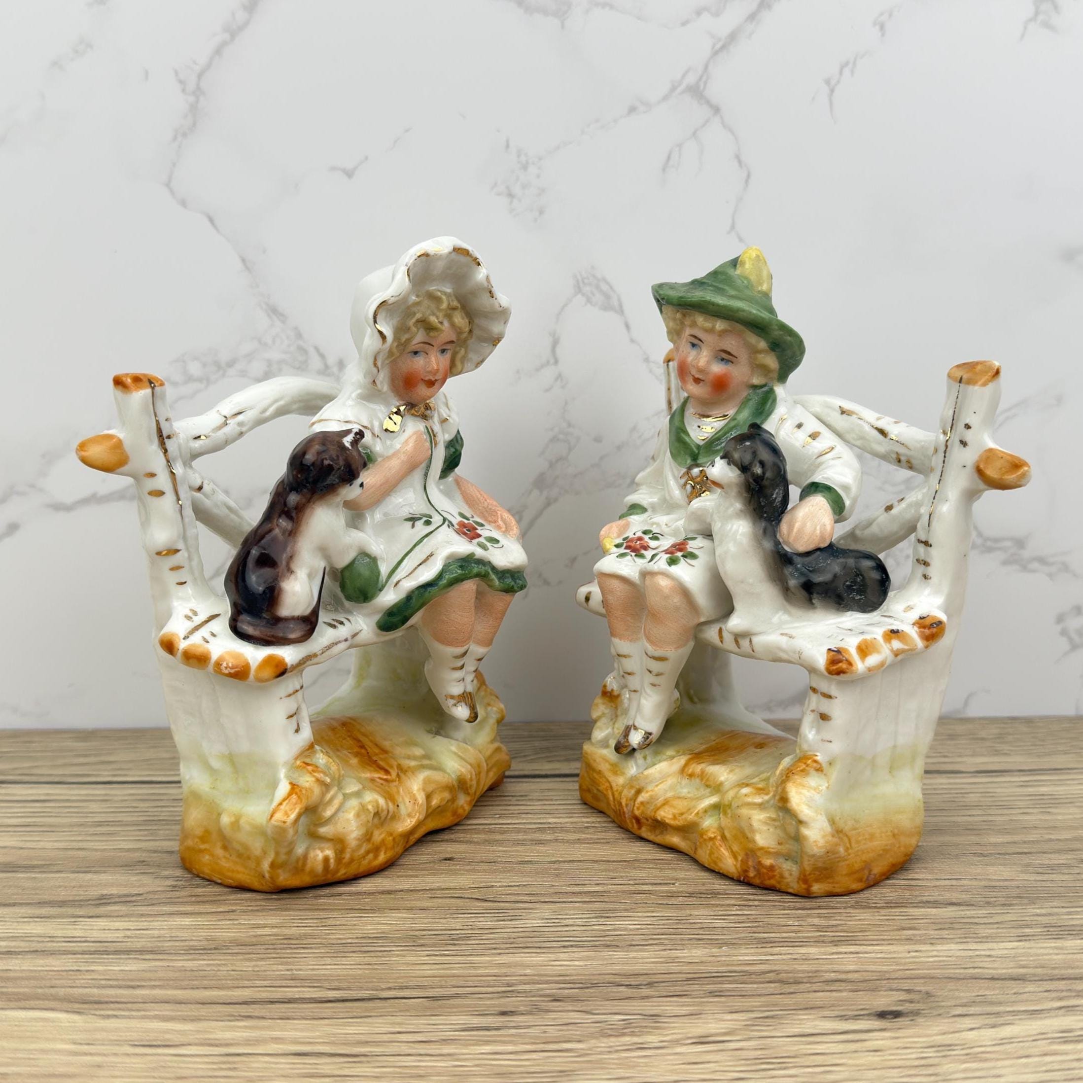 Vintage Porcelain Figurines – Boy & Girl with Dogs, Victorian Style