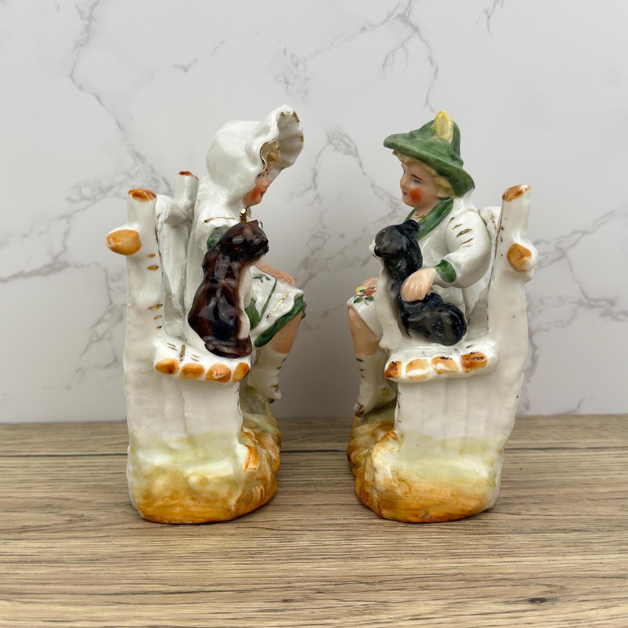 Vintage Porcelain Figurines – Boy & Girl with Dogs, Victorian Style