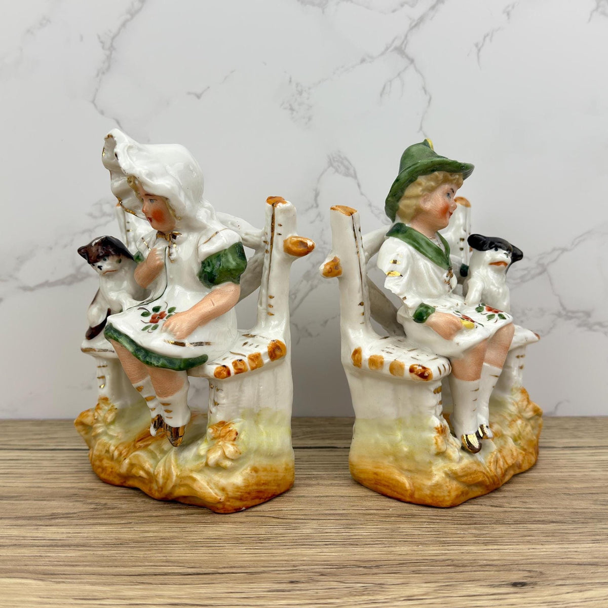 Vintage Porcelain Figurines – Boy & Girl with Dogs, Victorian Style