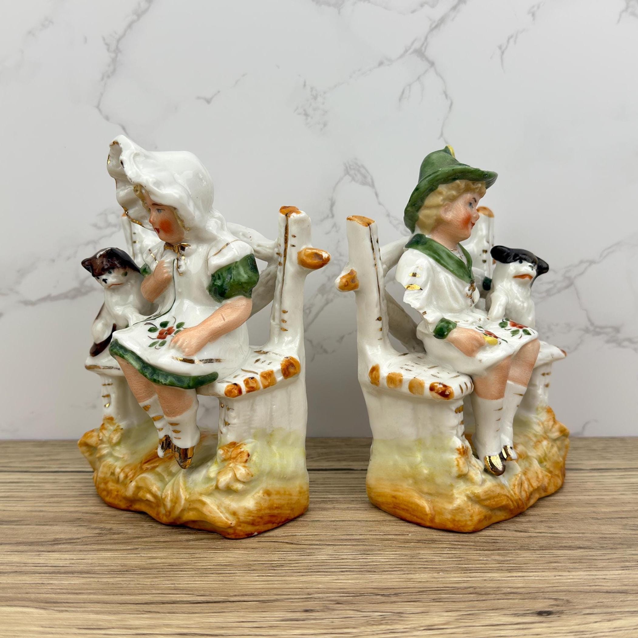 Vintage Porcelain Figurines – Boy & Girl with Dogs, Victorian Style
