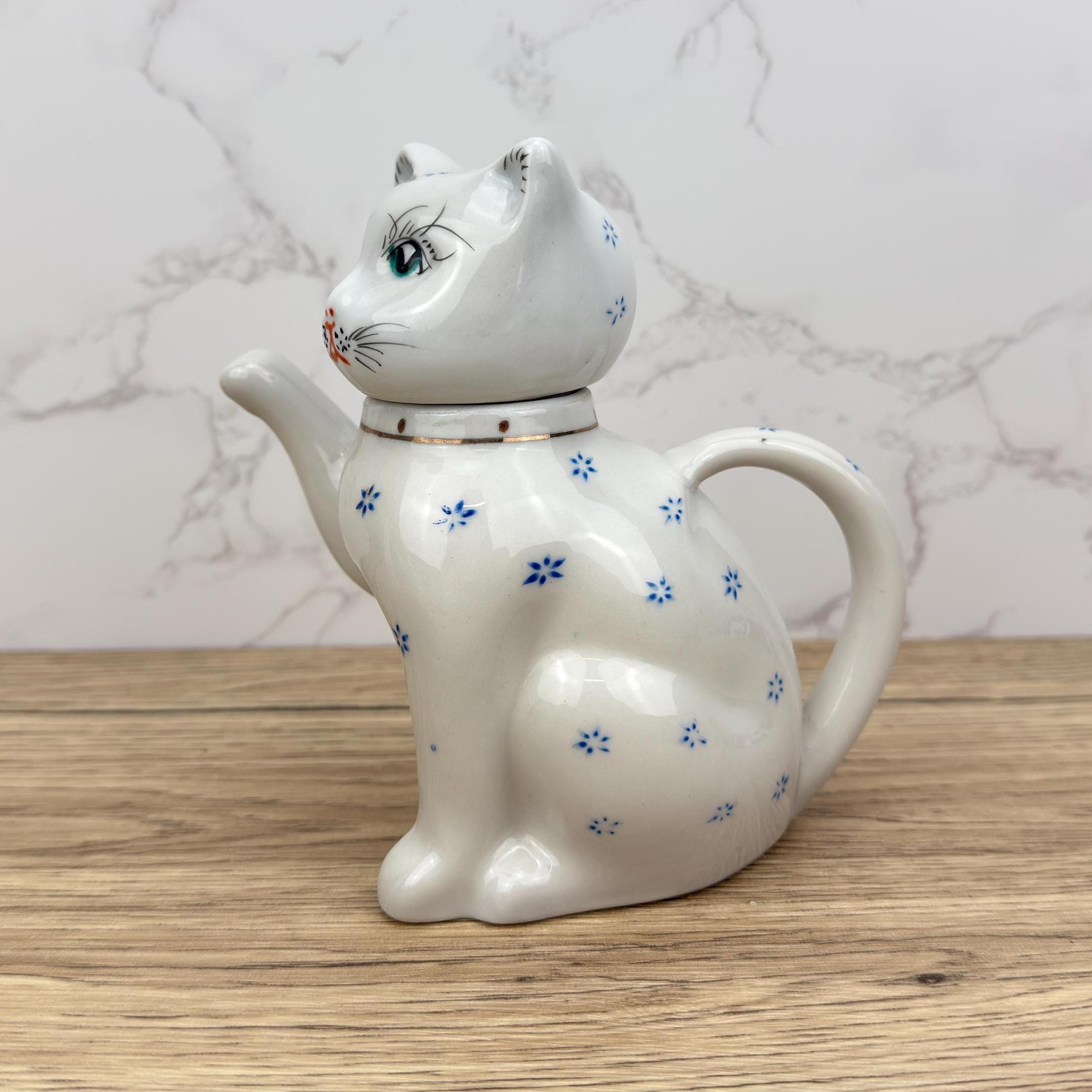 Vintage Cat Teapot, Collectible White Floral Tea Pot, Retro Kitchen Decor
