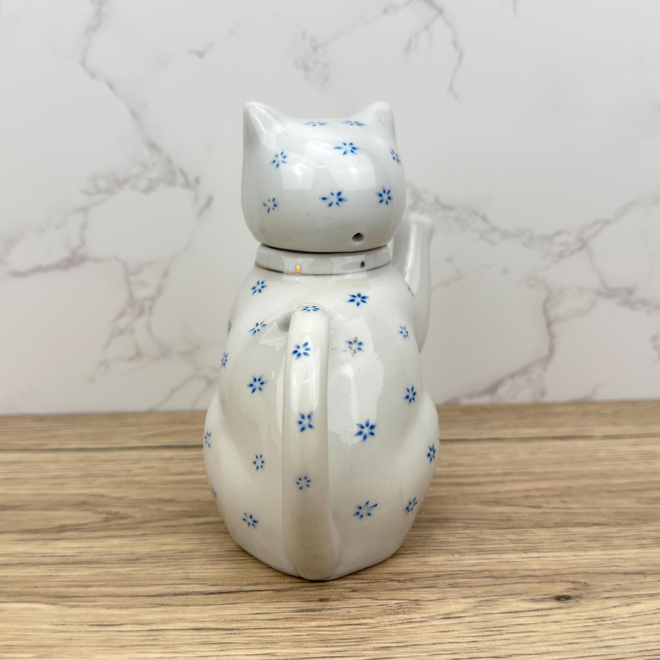 Vintage Cat Teapot, Collectible White Floral Tea Pot, Retro Kitchen Decor