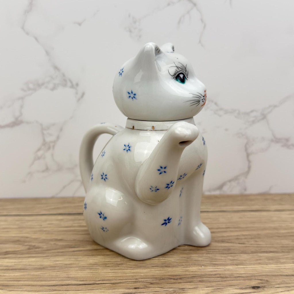 Vintage Cat Teapot, Collectible White Floral Tea Pot, Retro Kitchen Decor