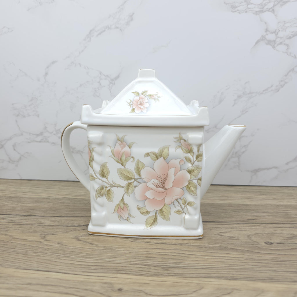 Vintage Pagoda Lid Teapot, Japanese Porcelain Pink Floral Decor