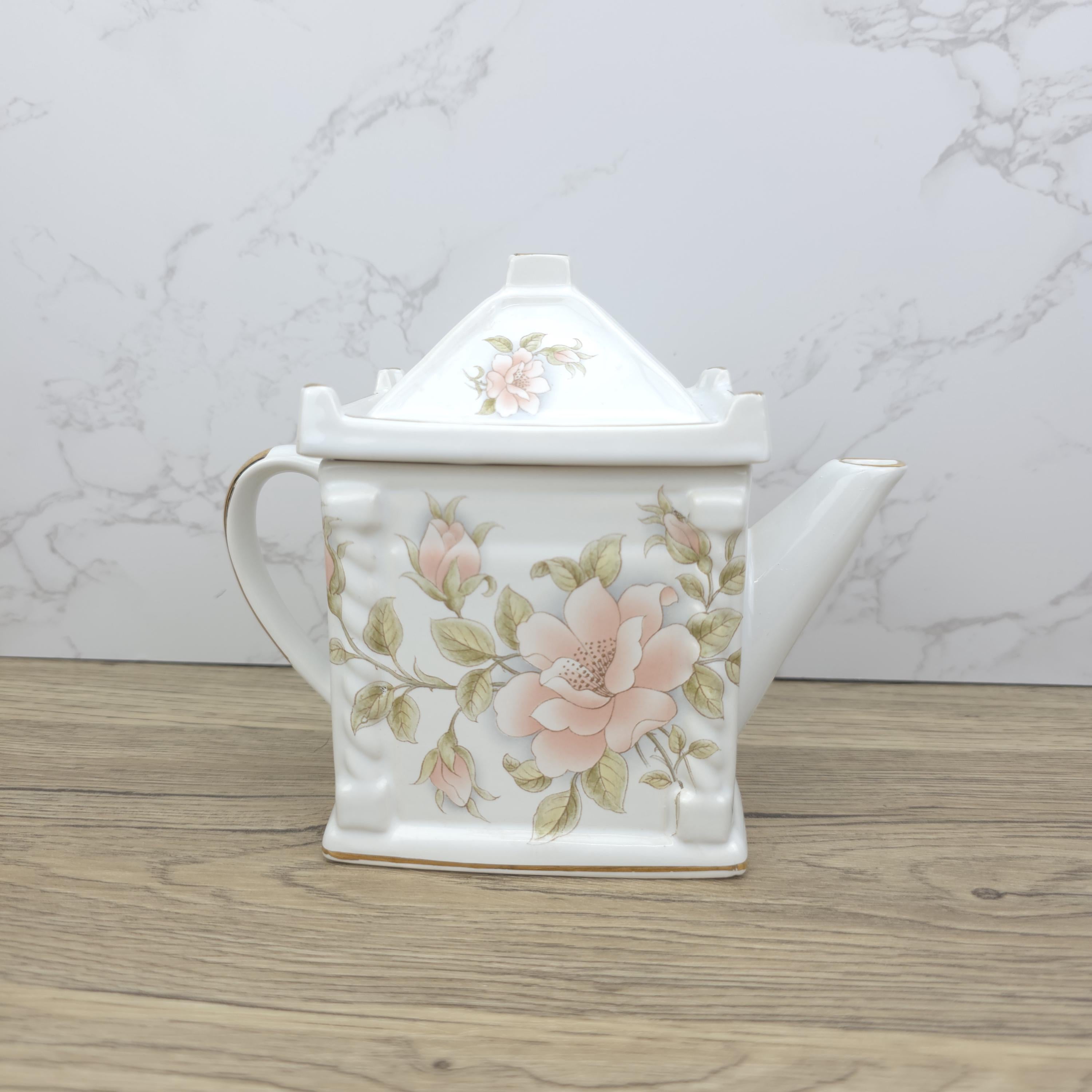 Vintage Pagoda Lid Teapot, Japanese Porcelain Pink Floral Decor
