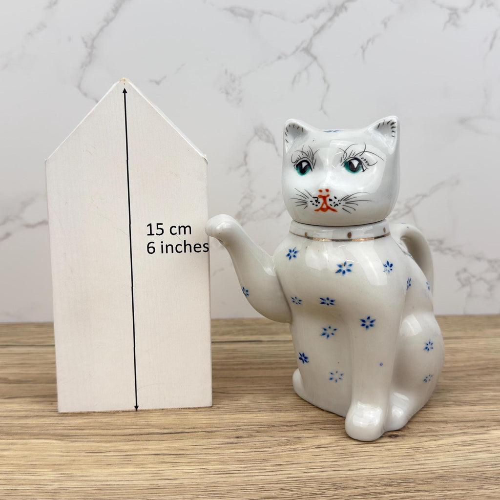 Vintage Cat Teapot, Collectible White Floral Tea Pot, Retro Kitchen Decor