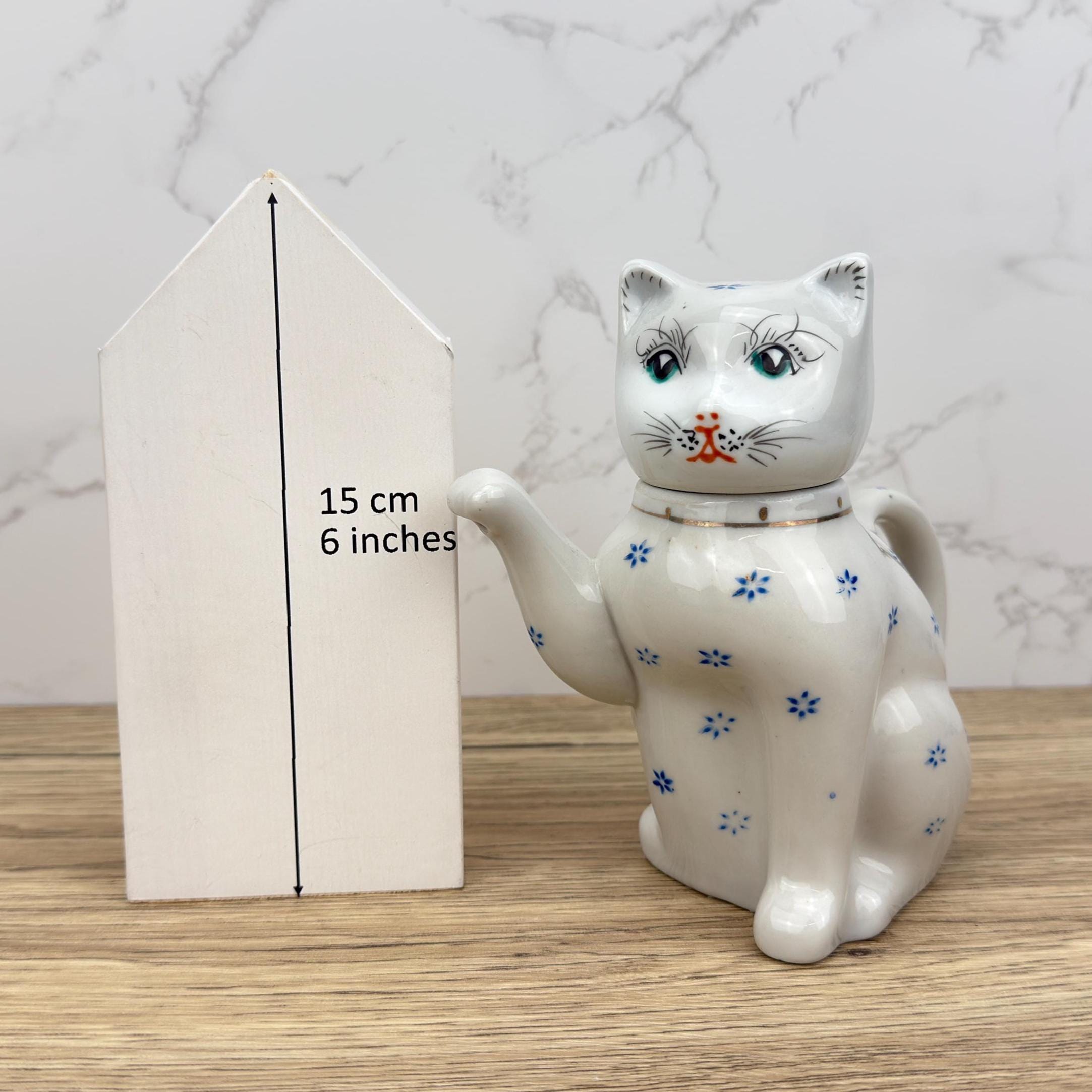 Vintage Cat Teapot, Collectible White Floral Tea Pot, Retro Kitchen Decor