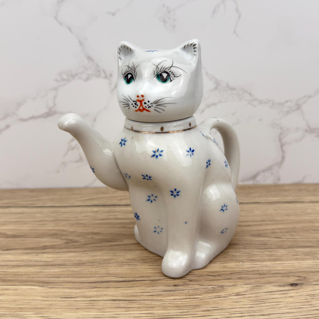 Vintage Cat Teapot, Collectible White Floral Tea Pot, Retro Kitchen Decor