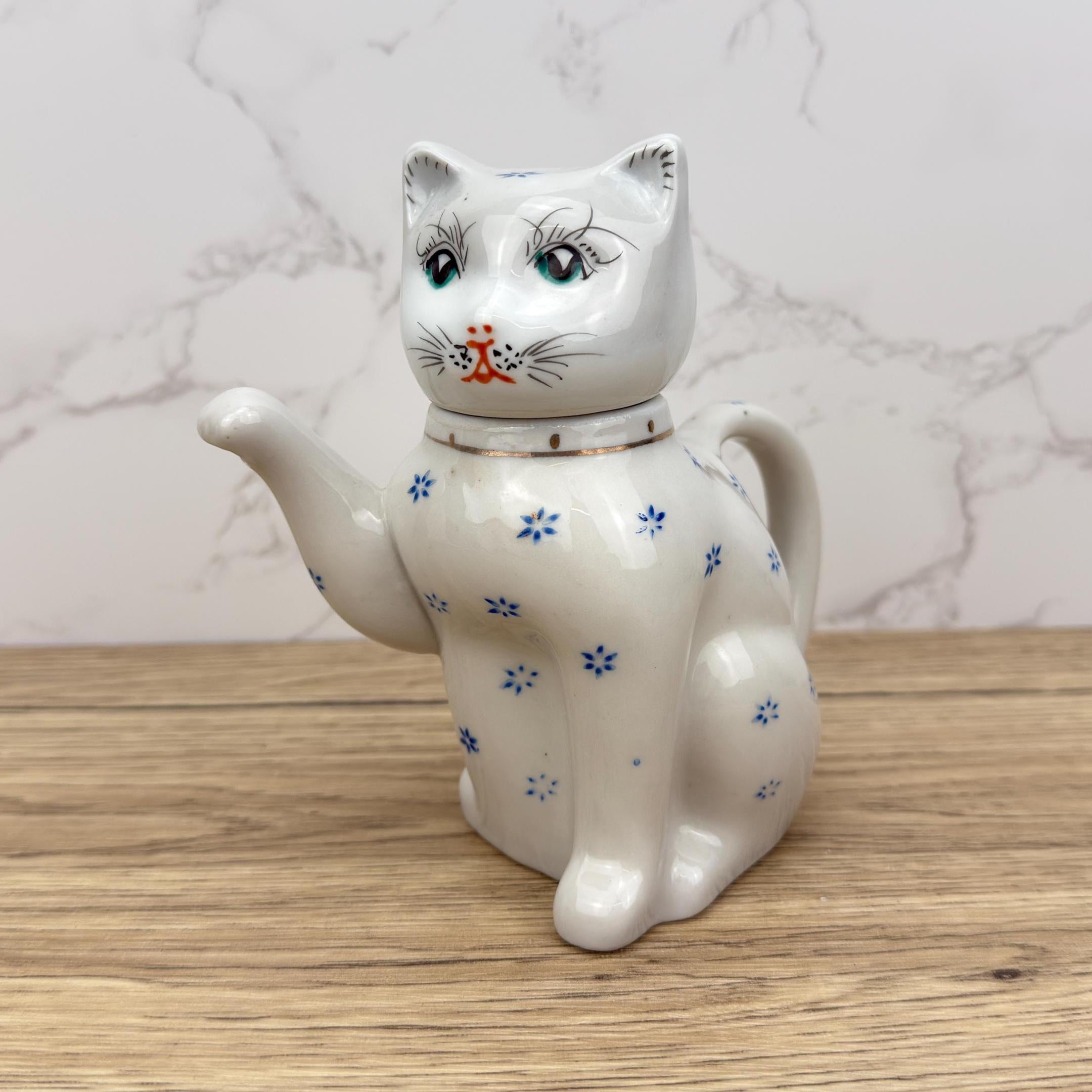 Vintage Cat Teapot, Collectible White Floral Tea Pot, Retro Kitchen Decor