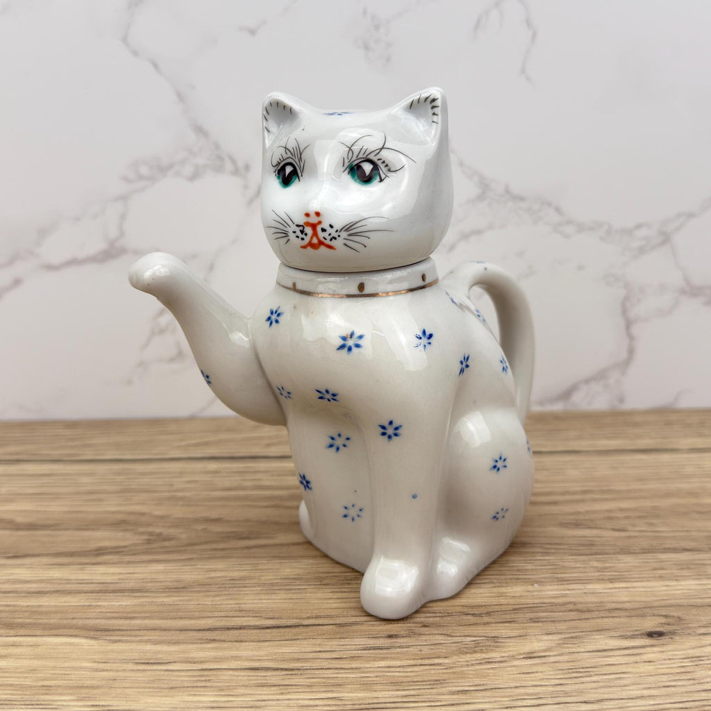 Vintage Cat Teapot, Collectible White Floral Tea Pot, Retro Kitchen Decor