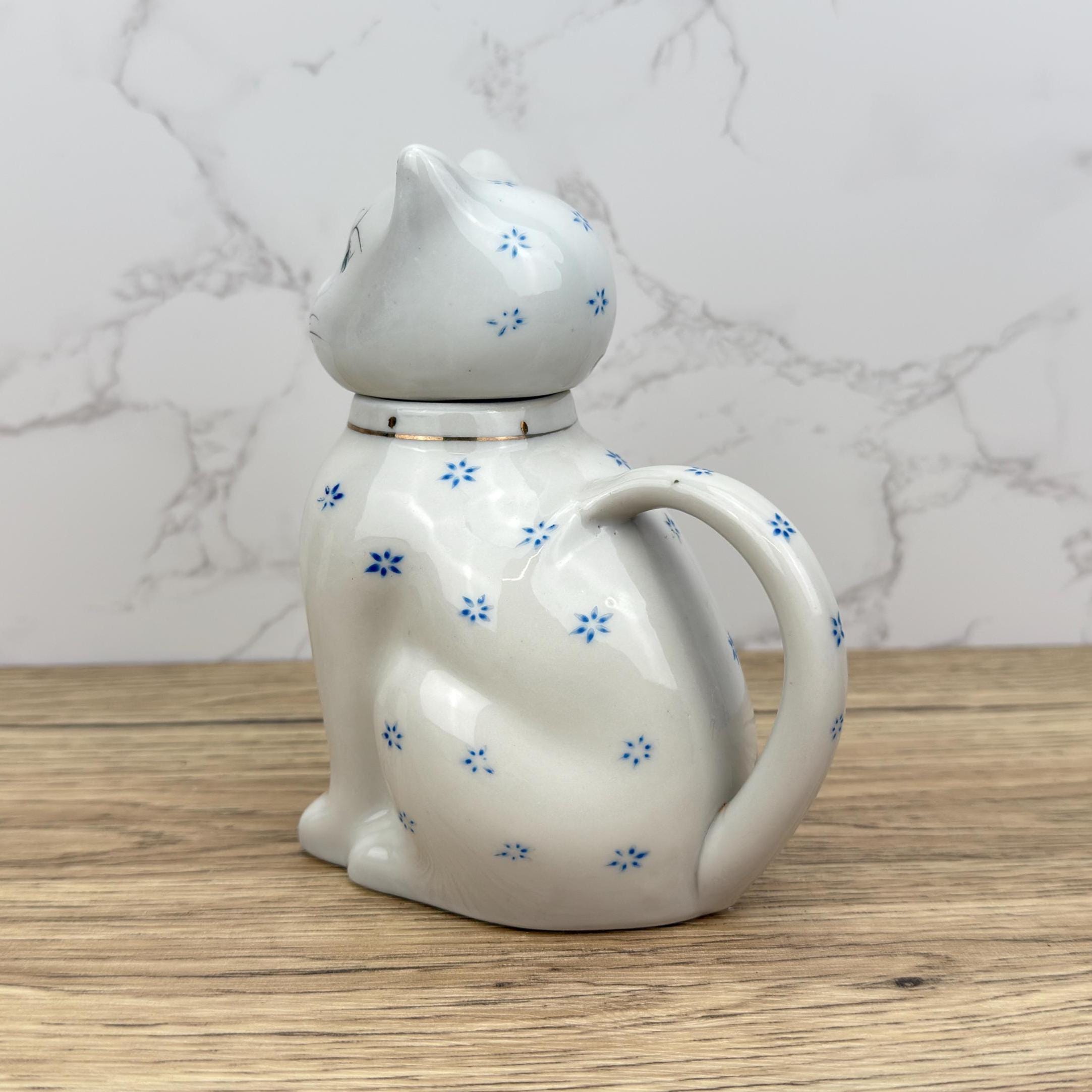 Vintage Cat Teapot, Collectible White Floral Tea Pot, Retro Kitchen Decor