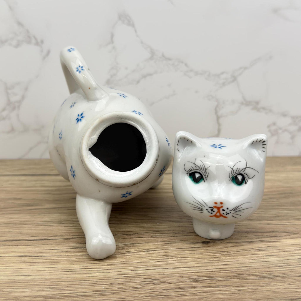 Vintage Cat Teapot, Collectible White Floral Tea Pot, Retro Kitchen Decor