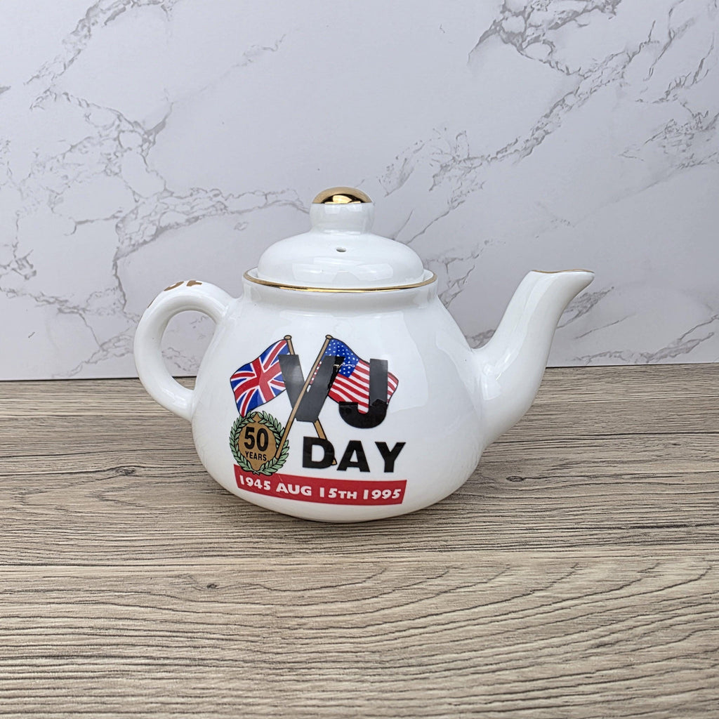 Vintage VJ Day Teapot: James Dean Pottery, WWII Collectible