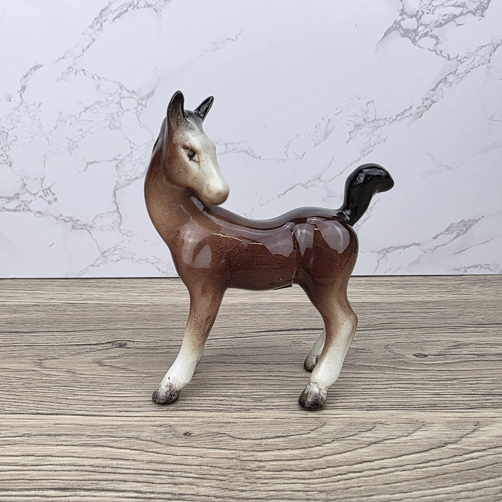 Vintage Ceramic Foal Figurine – Porcelain Brown Glazed Young Horse Statue Collectible Pony Ornament