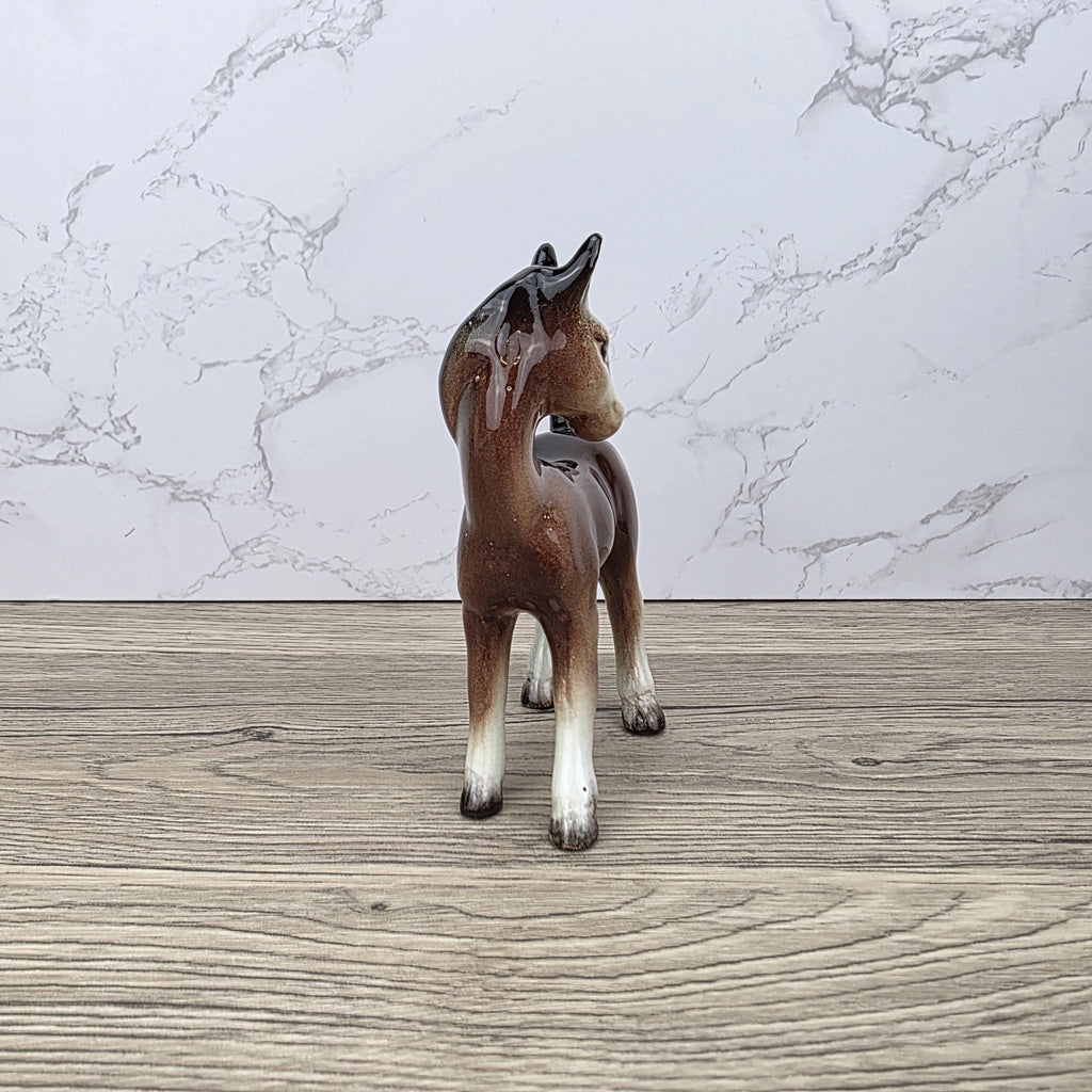 Vintage Ceramic Foal Figurine – Porcelain Brown Glazed Young Horse Statue Collectible Pony Ornament