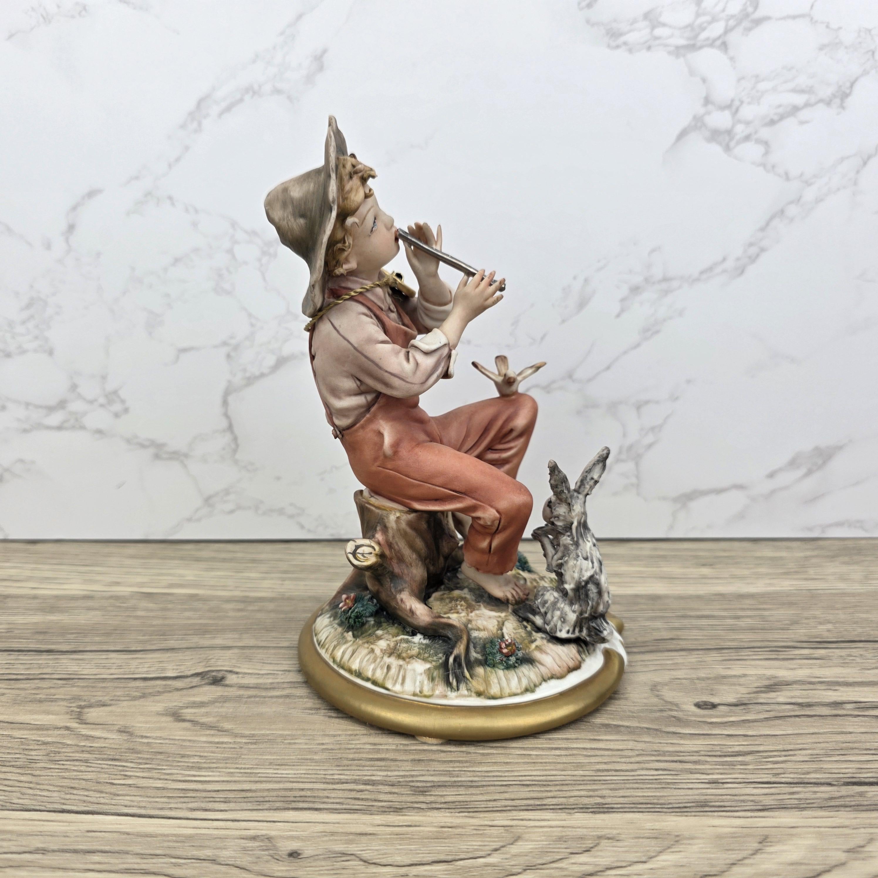 Vintage Capodimonte Porcelain Figurine, Boy with Flute, Hand Painted Italian Decor