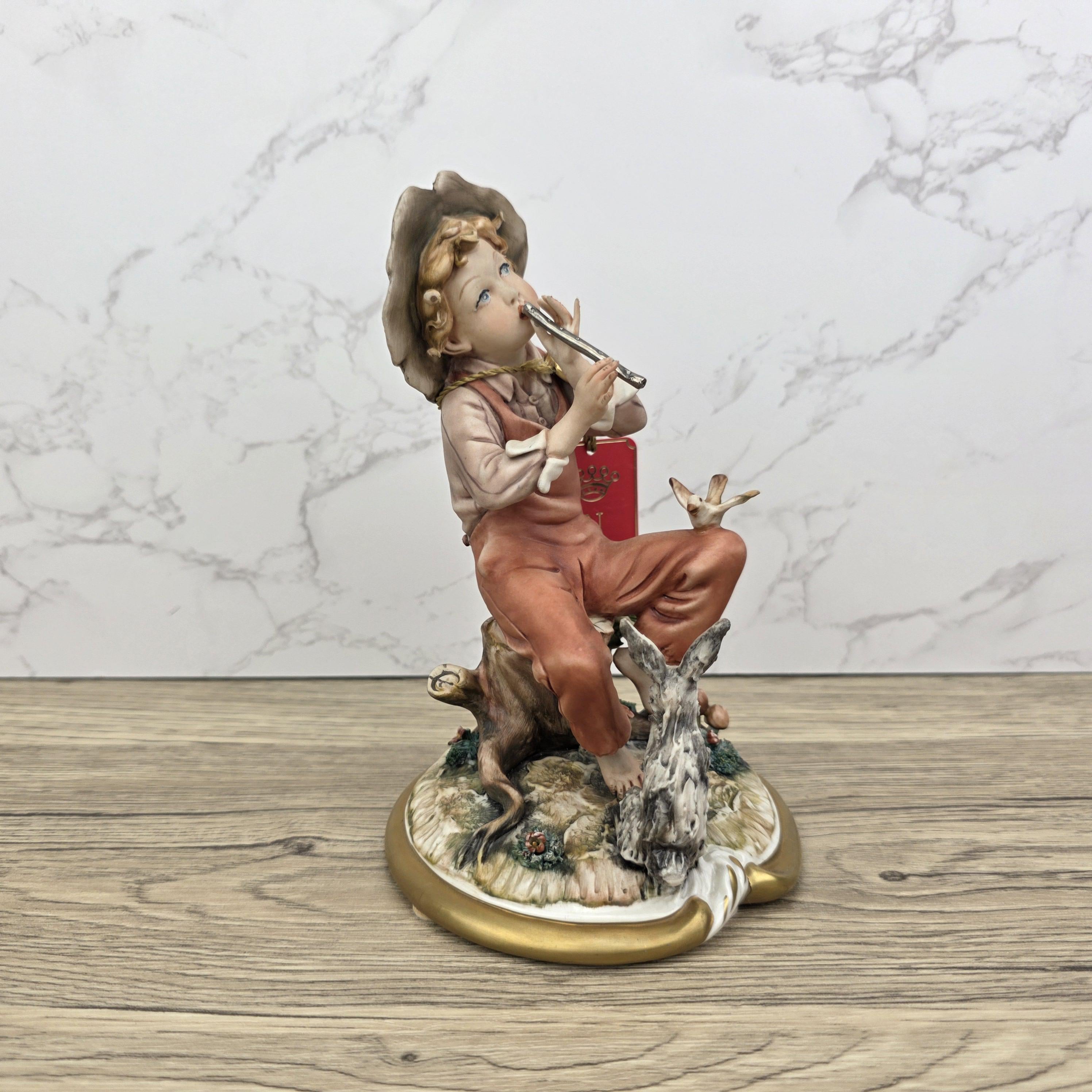 Vintage Capodimonte Porcelain Figurine, Boy with Flute, Hand Painted Italian Decor