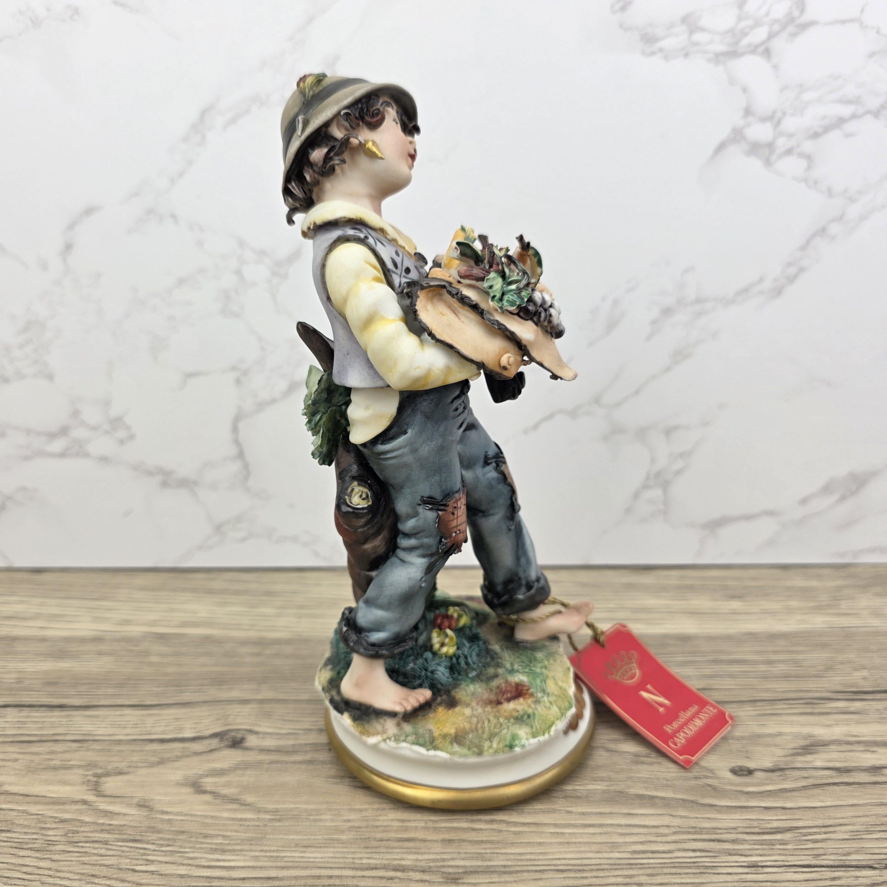 Capodimonte Porcelain Figurine Boy with Grapes Basket La Medea Italy Vintage Collectible