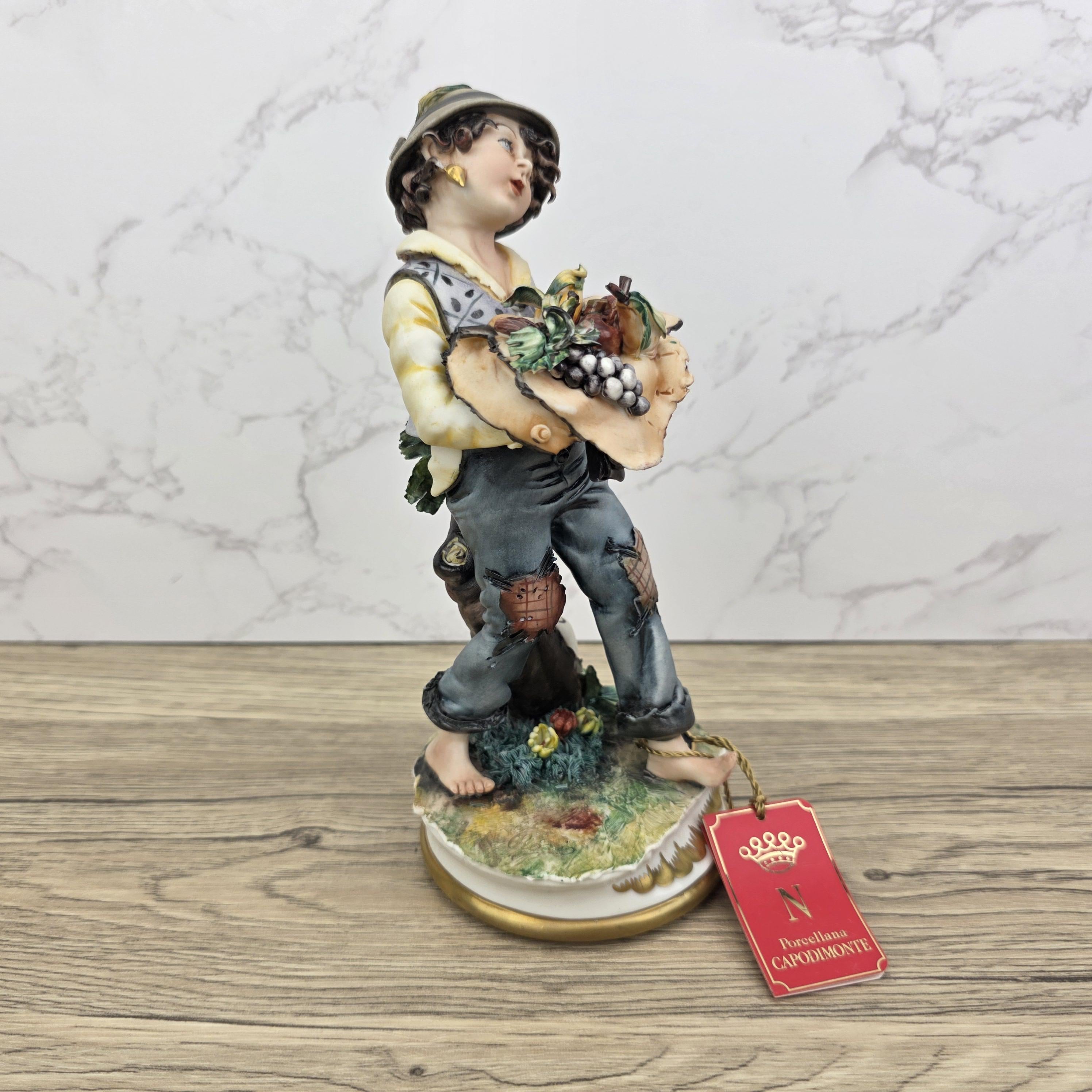 Capodimonte Porcelain Figurine Boy with Grapes Basket La Medea Italy Vintage Collectible