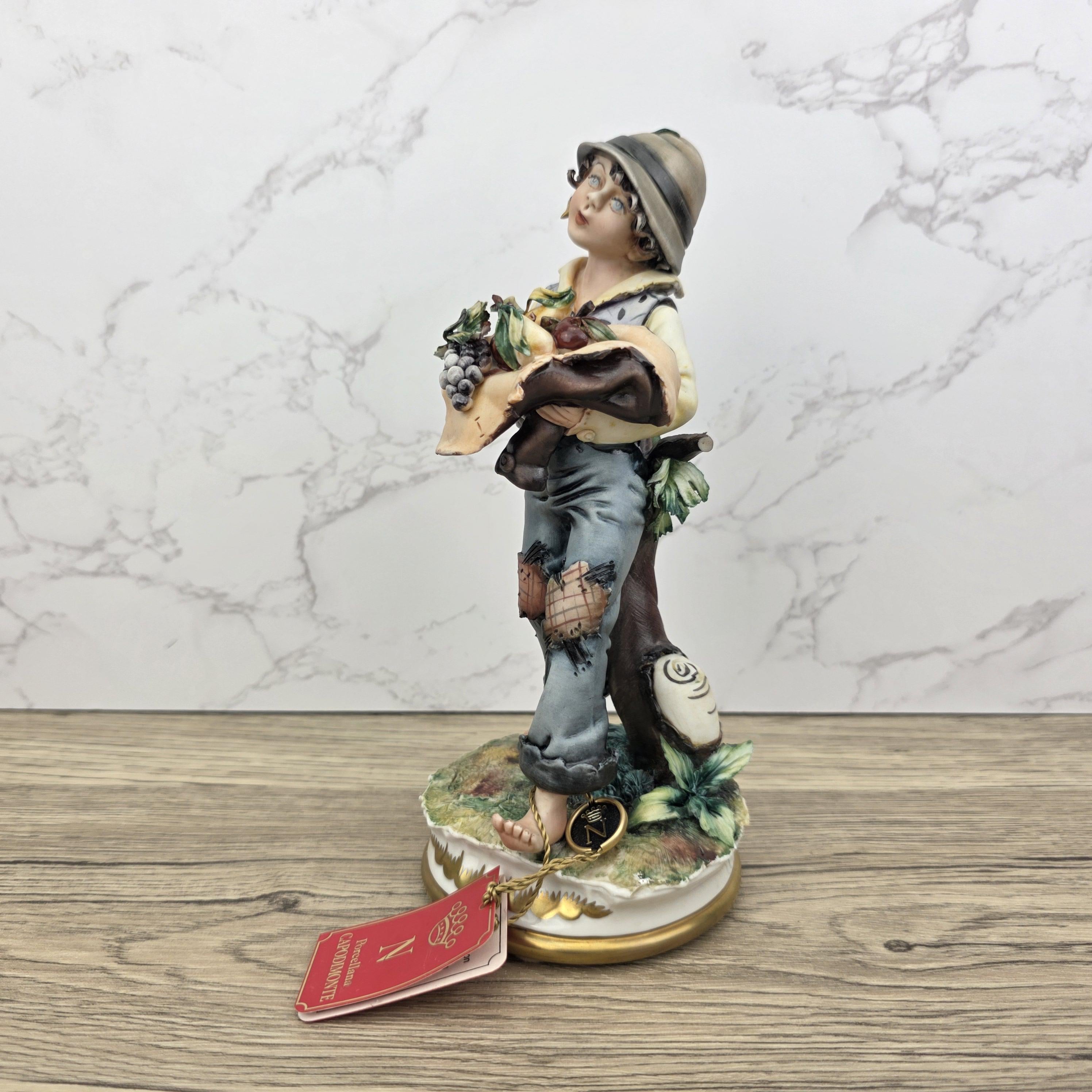 Capodimonte Porcelain Figurine Boy with Grapes Basket La Medea Italy Vintage Collectible
