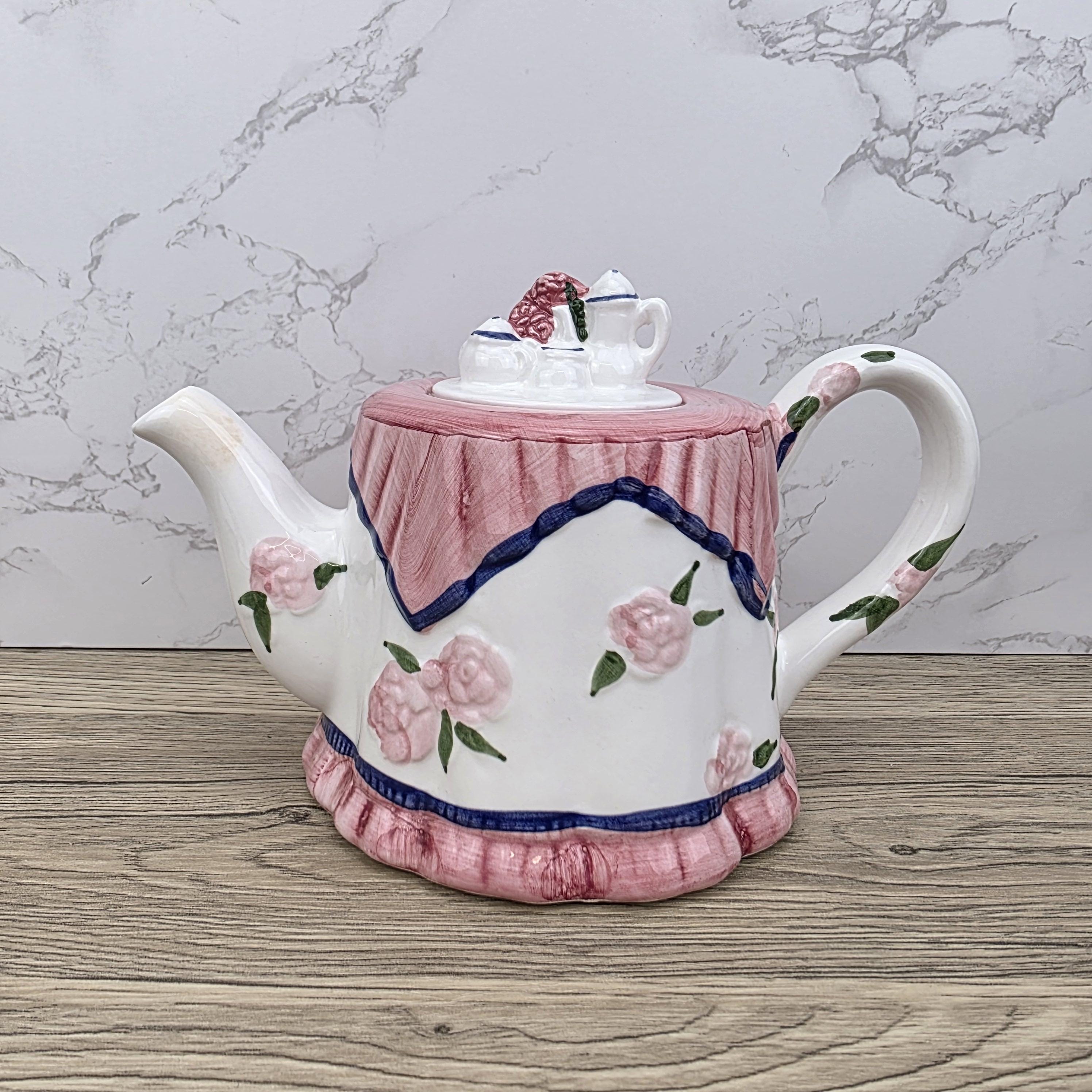 Vintage Novelty Teapot: Pink Roses Tablecloth Design, Cottagecore Kitchen