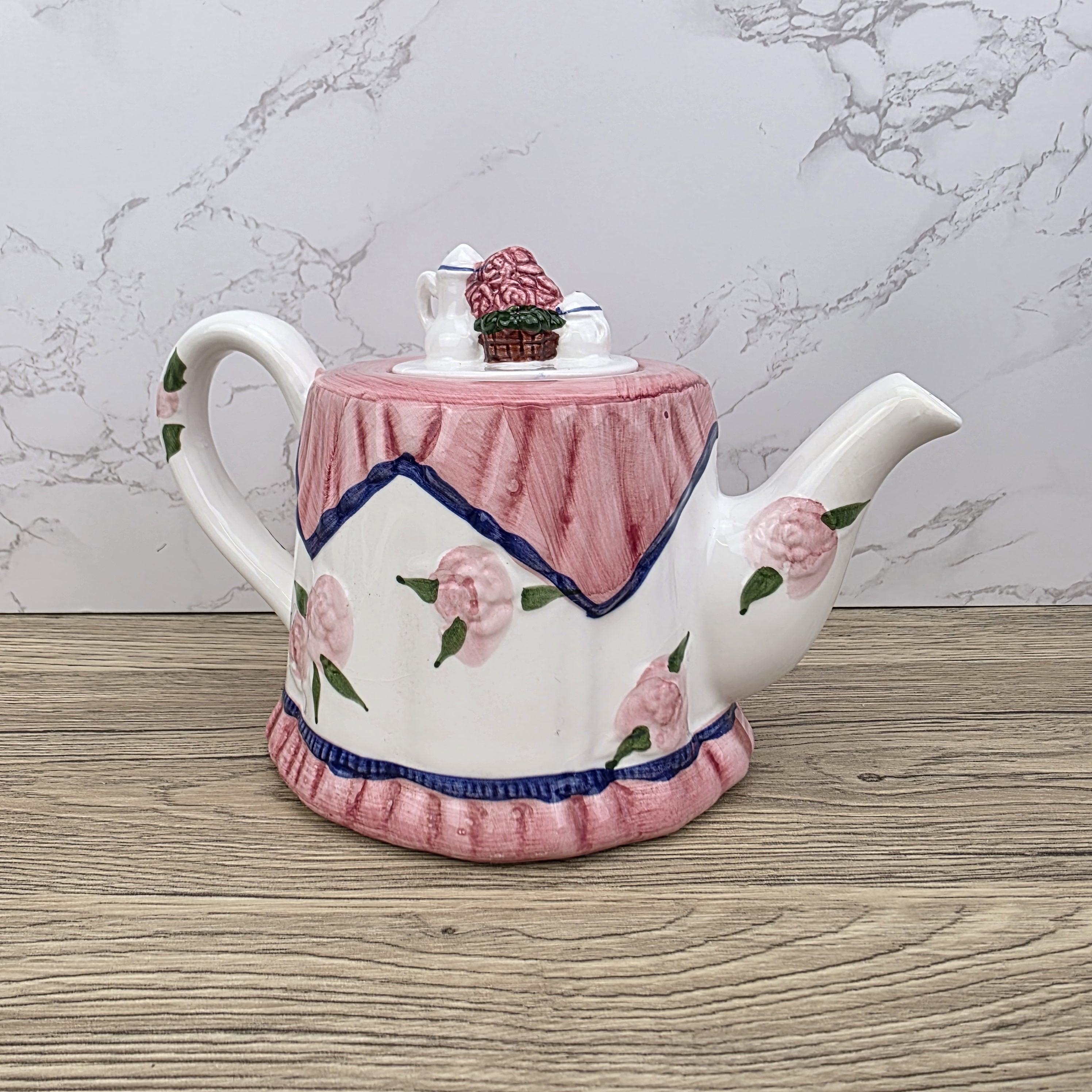 Vintage Novelty Teapot: Pink Roses Tablecloth Design, Cottagecore Kitchen