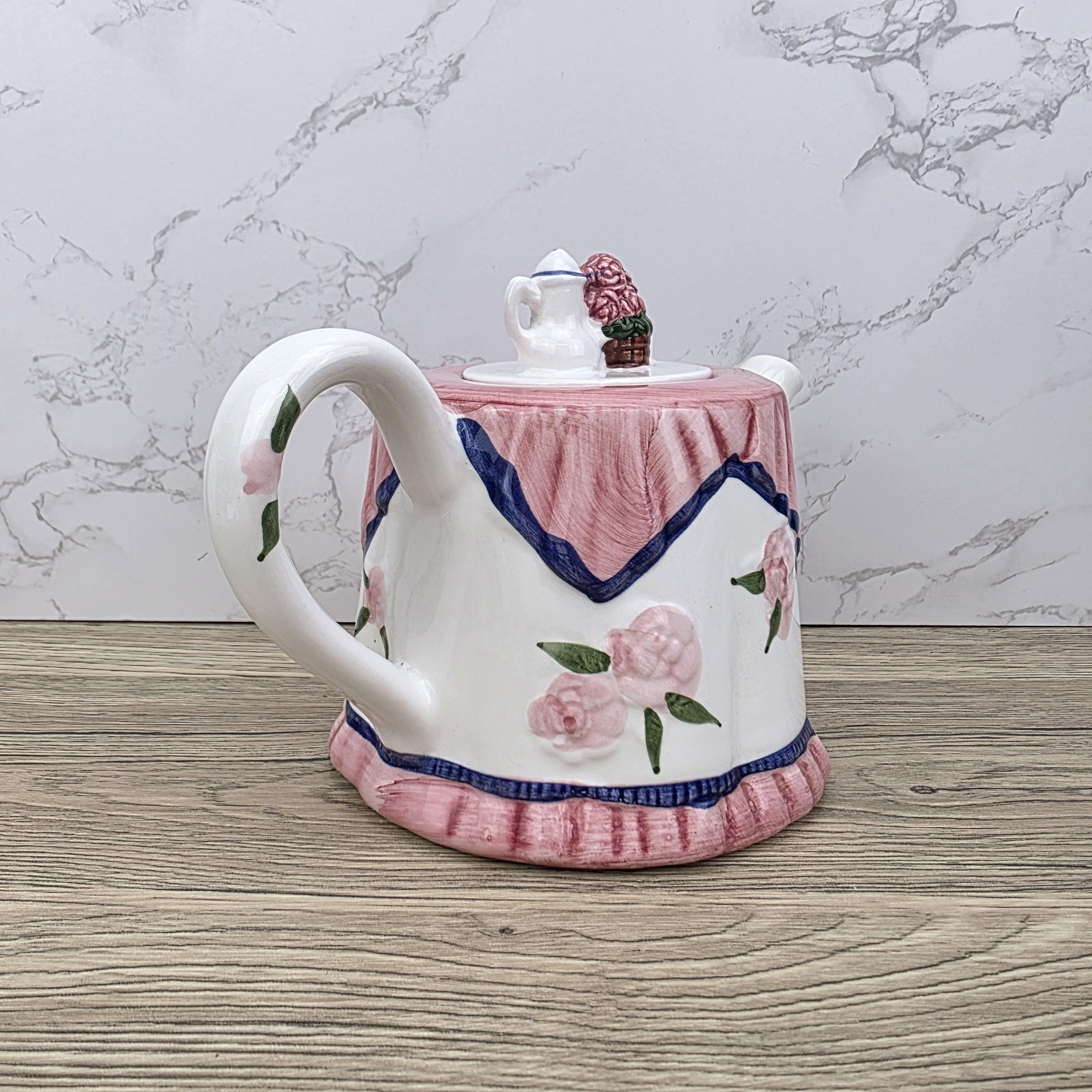 Vintage Novelty Teapot: Pink Roses Tablecloth Design, Cottagecore Kitchen