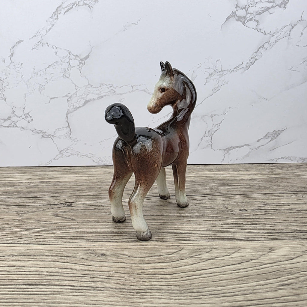 Vintage Ceramic Foal Figurine – Porcelain Brown Glazed Young Horse Statue Collectible Pony Ornament