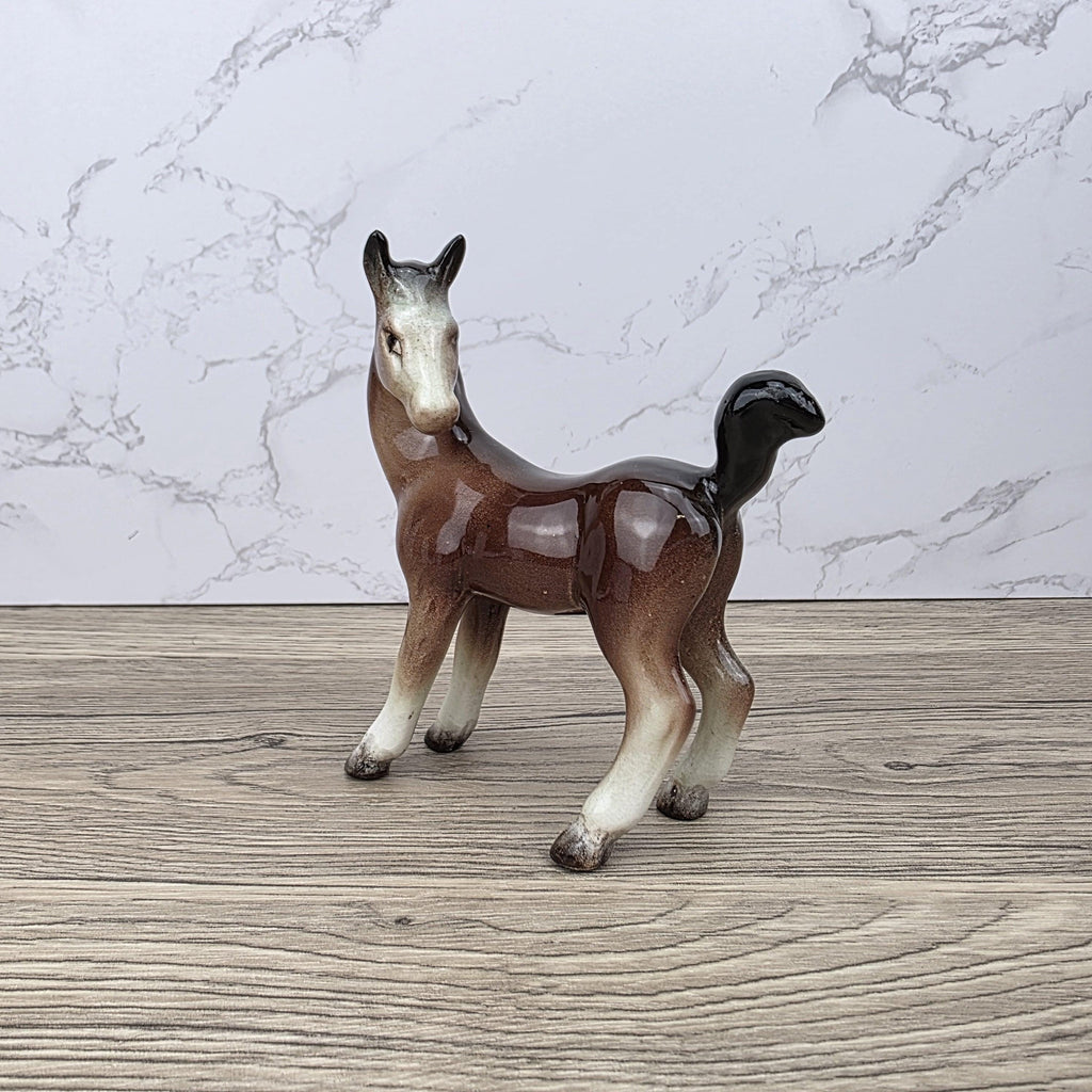 Vintage Ceramic Foal Figurine – Porcelain Brown Glazed Young Horse Statue Collectible Pony Ornament