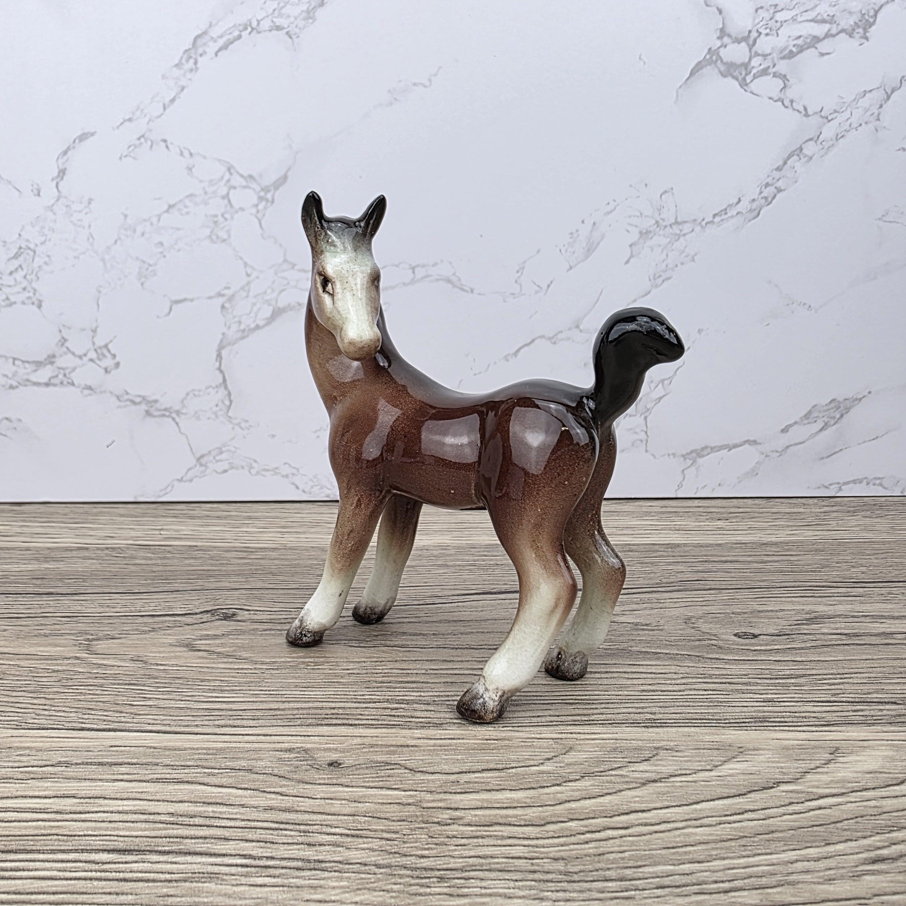 Vintage Ceramic Foal Figurine – Porcelain Brown Glazed Young Horse Statue Collectible Pony Ornament