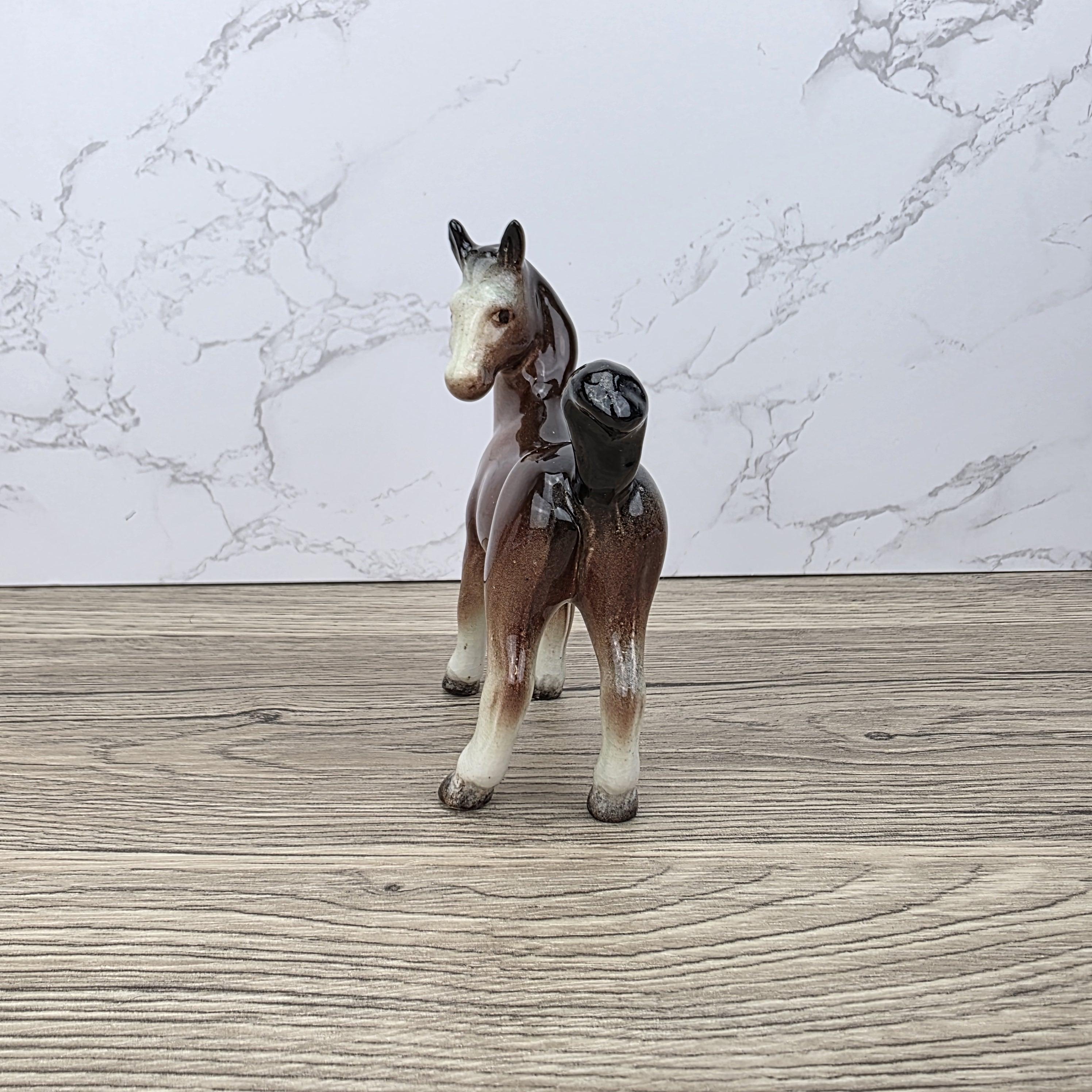 Vintage Ceramic Foal Figurine – Porcelain Brown Glazed Young Horse Statue Collectible Pony Ornament