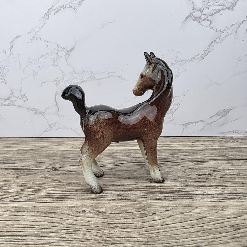 Vintage Ceramic Foal Figurine – Porcelain Brown Glazed Young Horse Statue Collectible Pony Ornament