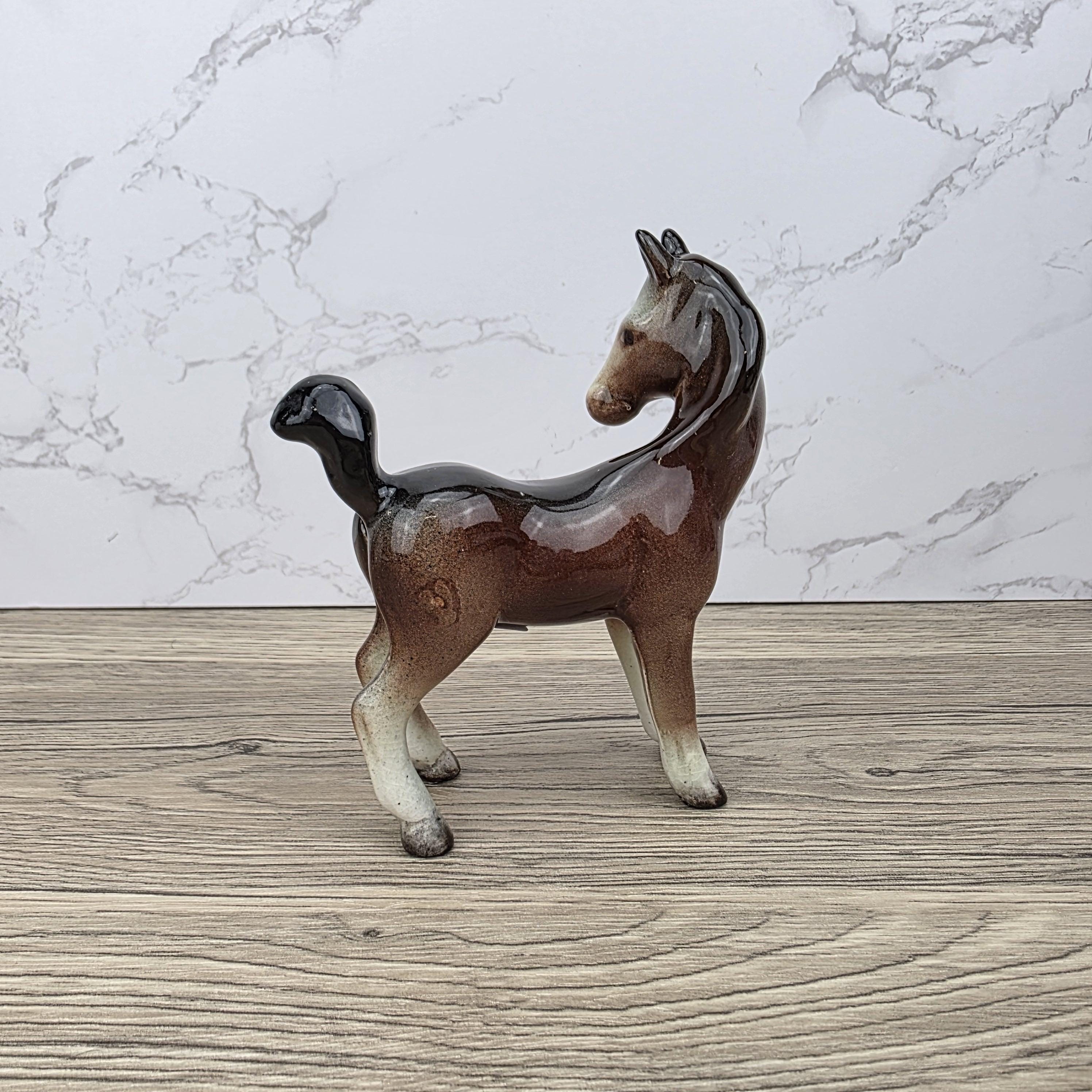 Vintage Ceramic Foal Figurine – Porcelain Brown Glazed Young Horse Statue Collectible Pony Ornament