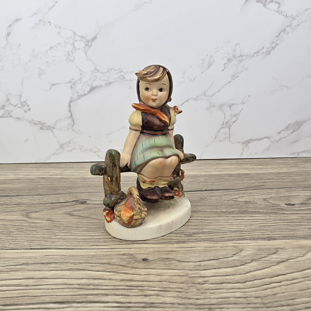 Goebel Hummel Figurine Farm Girl on Fence Vintage Collectible 1950s Ceramic Statue Gift