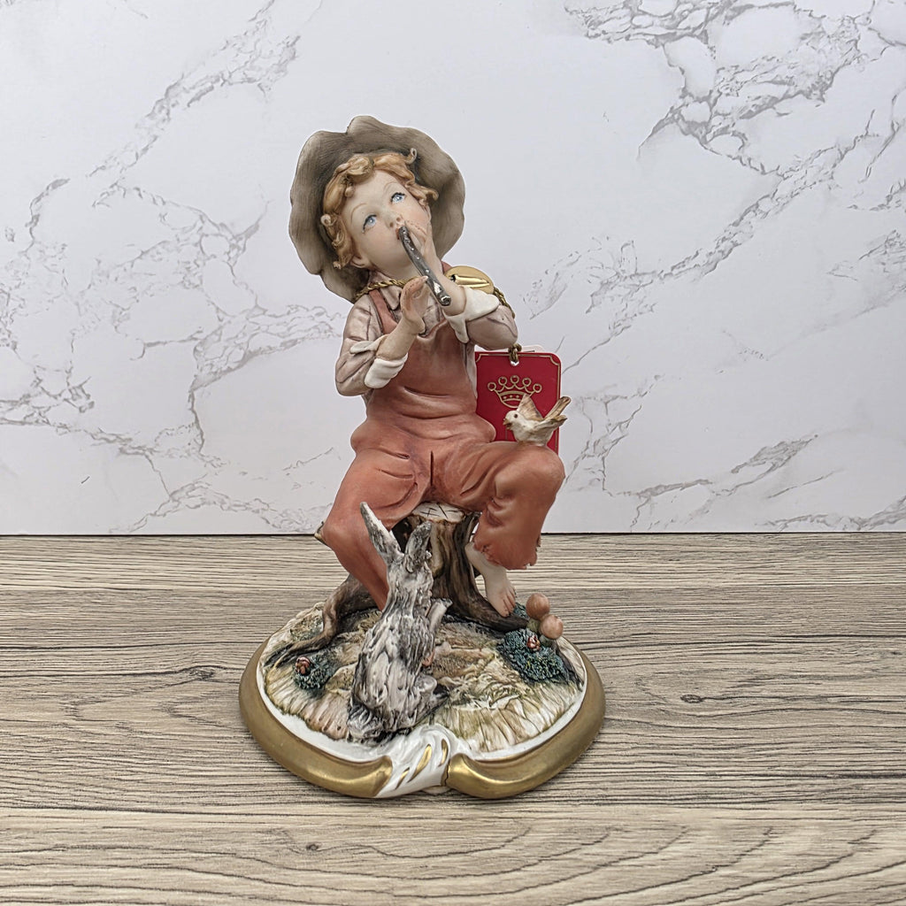 Vintage Capodimonte Porcelain Figurine, Boy with Flute, Hand Painted Italian Decor