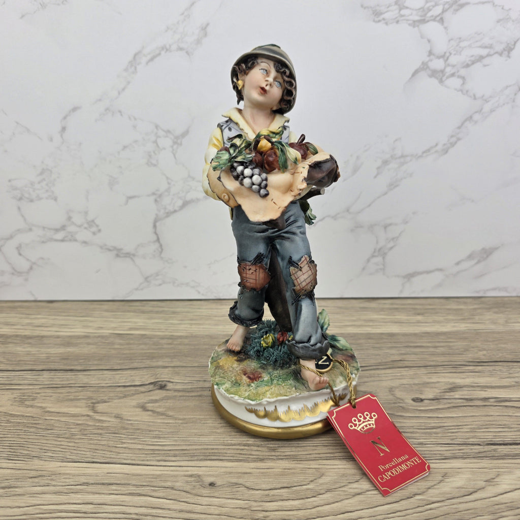 Capodimonte Porcelain Figurine Boy with Grapes Basket La Medea Italy Vintage Collectible