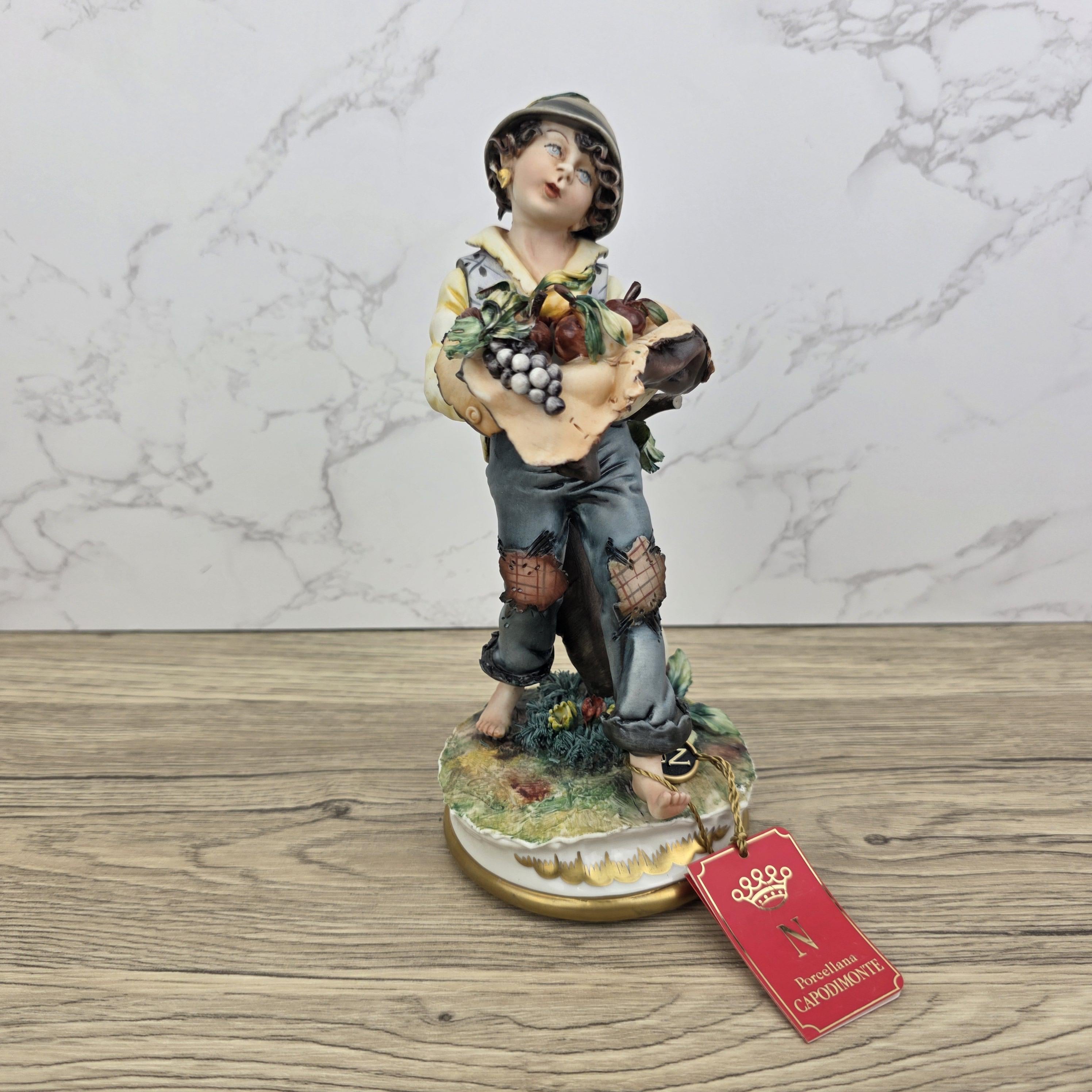 Capodimonte Porcelain Figurine Boy with Grapes Basket La Medea Italy Vintage Collectible