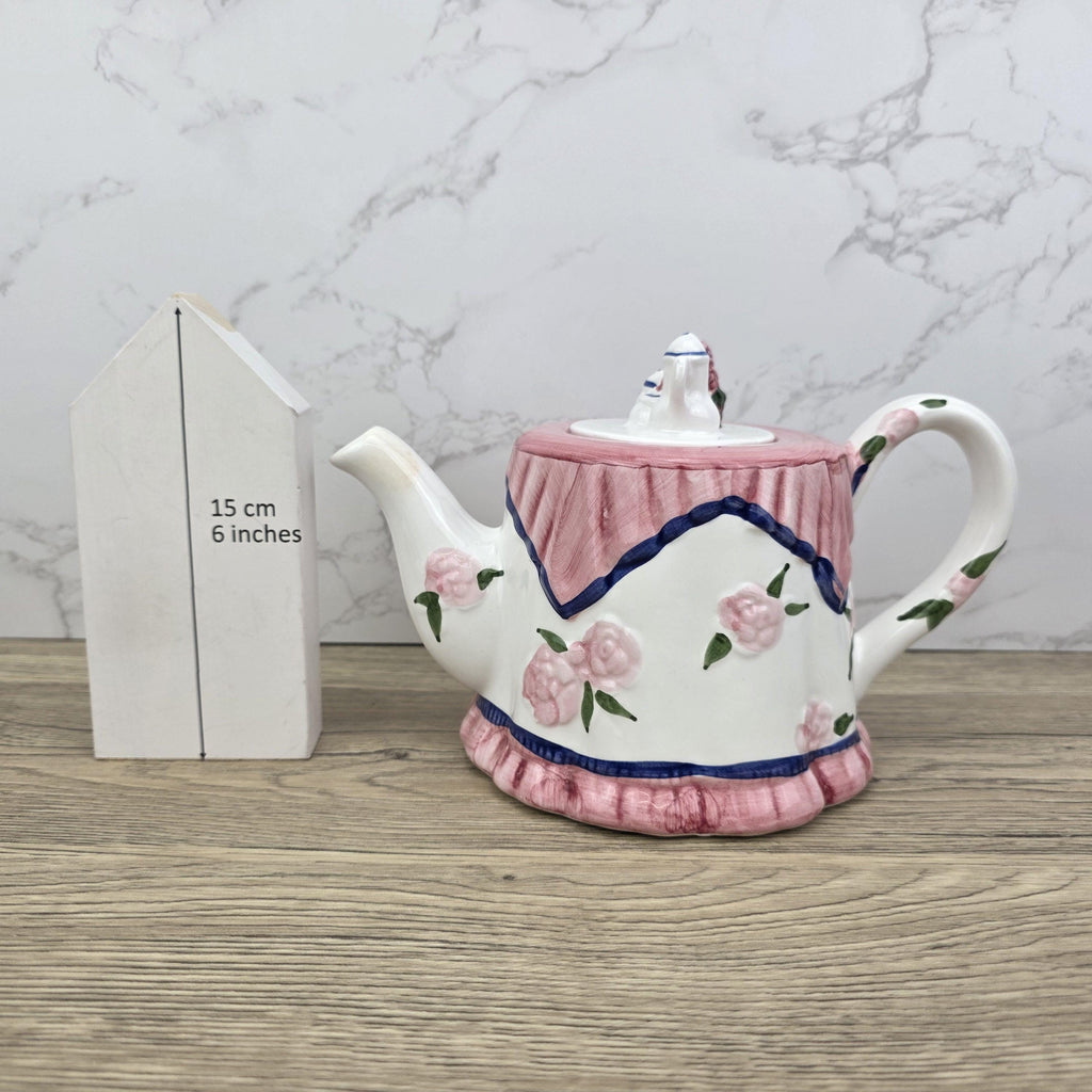 Vintage Novelty Teapot: Pink Roses Tablecloth Design, Cottagecore Kitchen