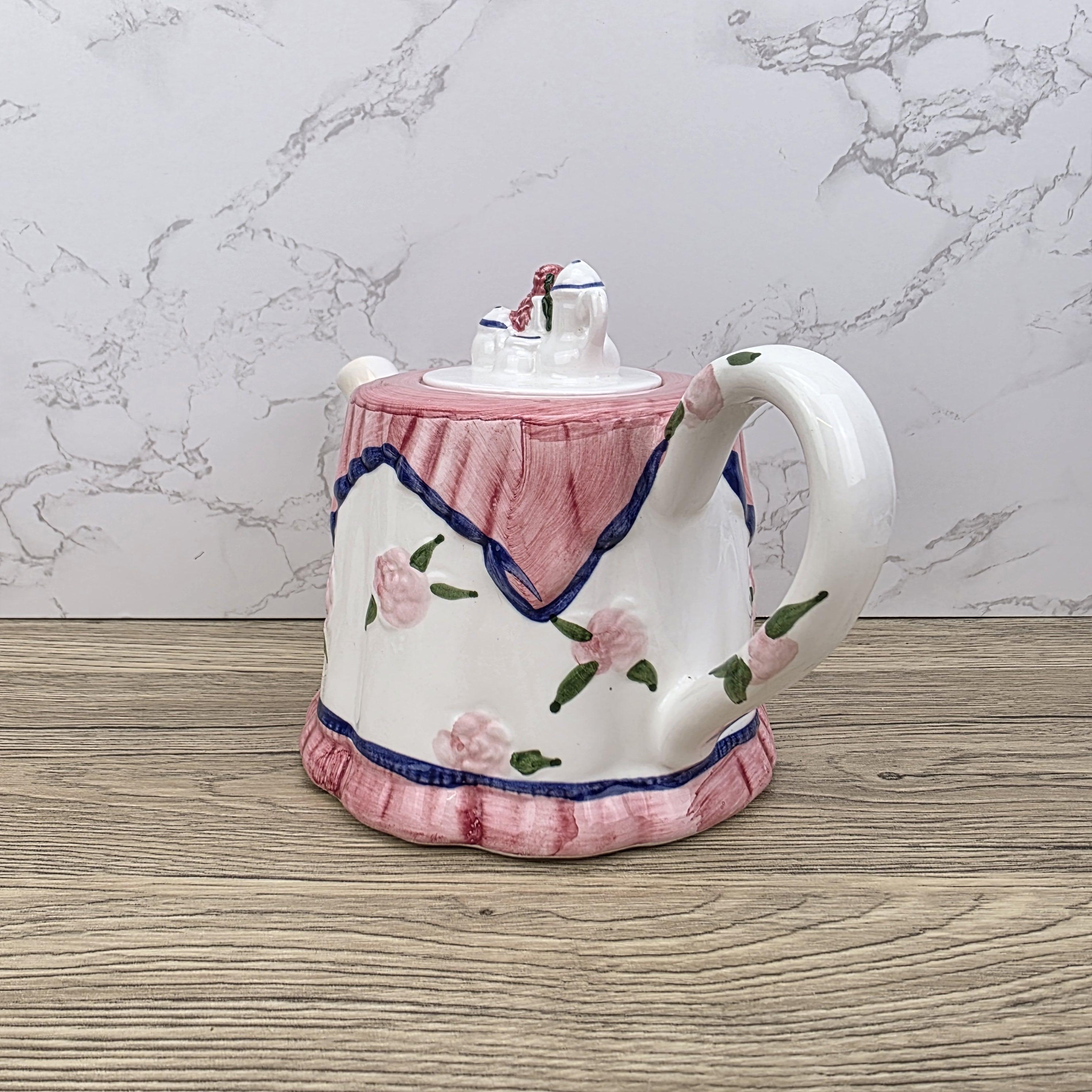Vintage Novelty Teapot: Pink Roses Tablecloth Design, Cottagecore Kitchen