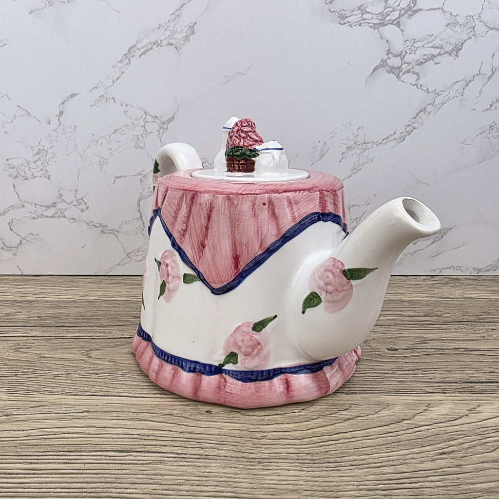 Vintage Novelty Teapot: Pink Roses Tablecloth Design, Cottagecore Kitchen