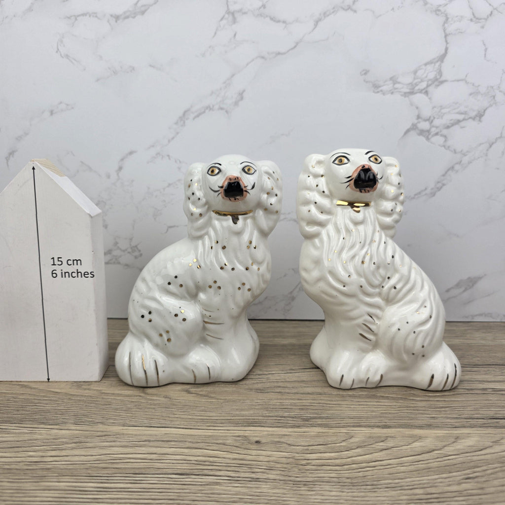 Antique Staffordshire Dog Pair – White Ceramic Spaniels with Gilt Collars