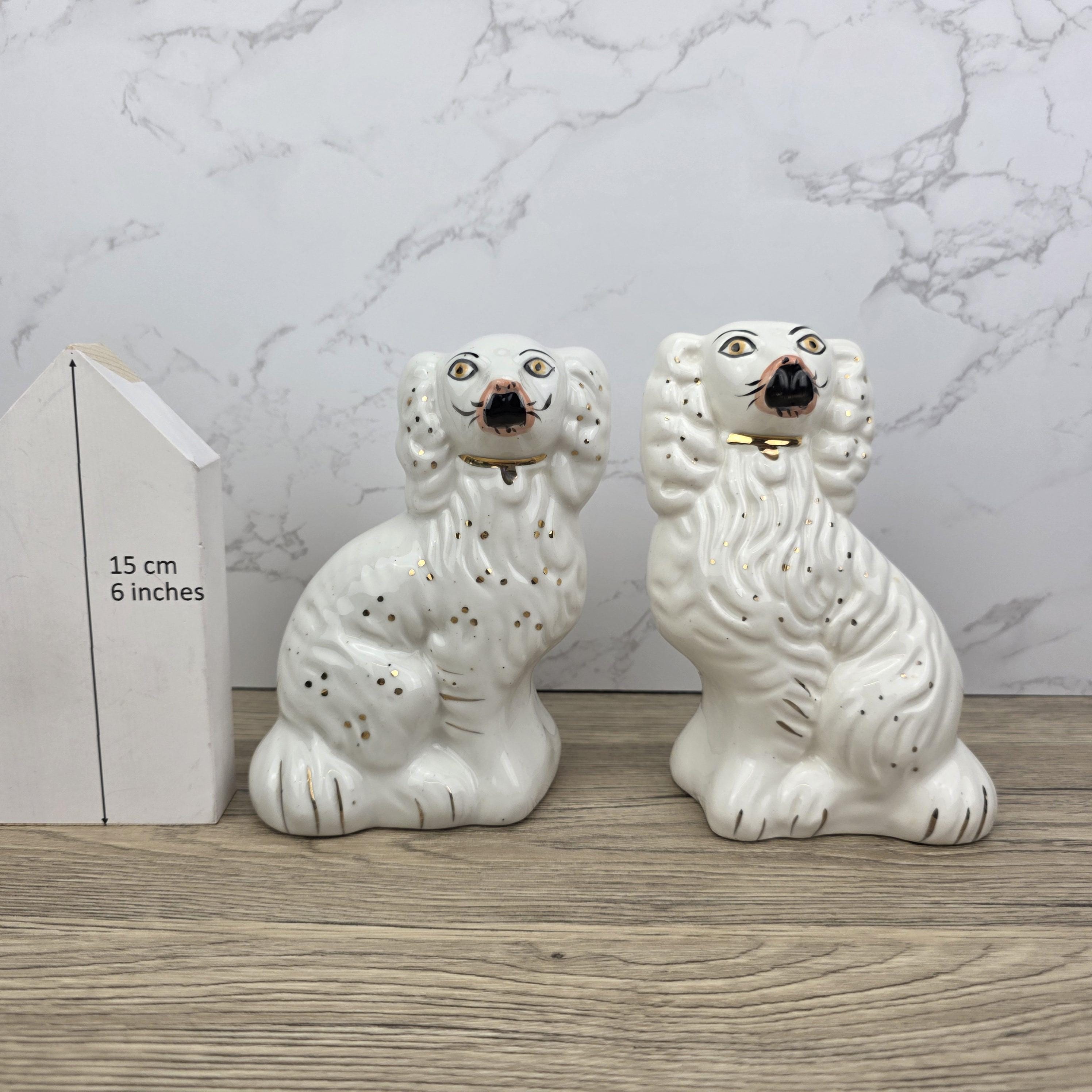 Antique Staffordshire Dog Pair – White Ceramic Spaniels with Gilt Collars
