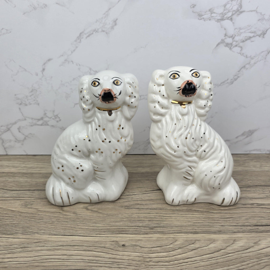 Antique Staffordshire Dog Pair – White Ceramic Spaniels with Gilt Collars