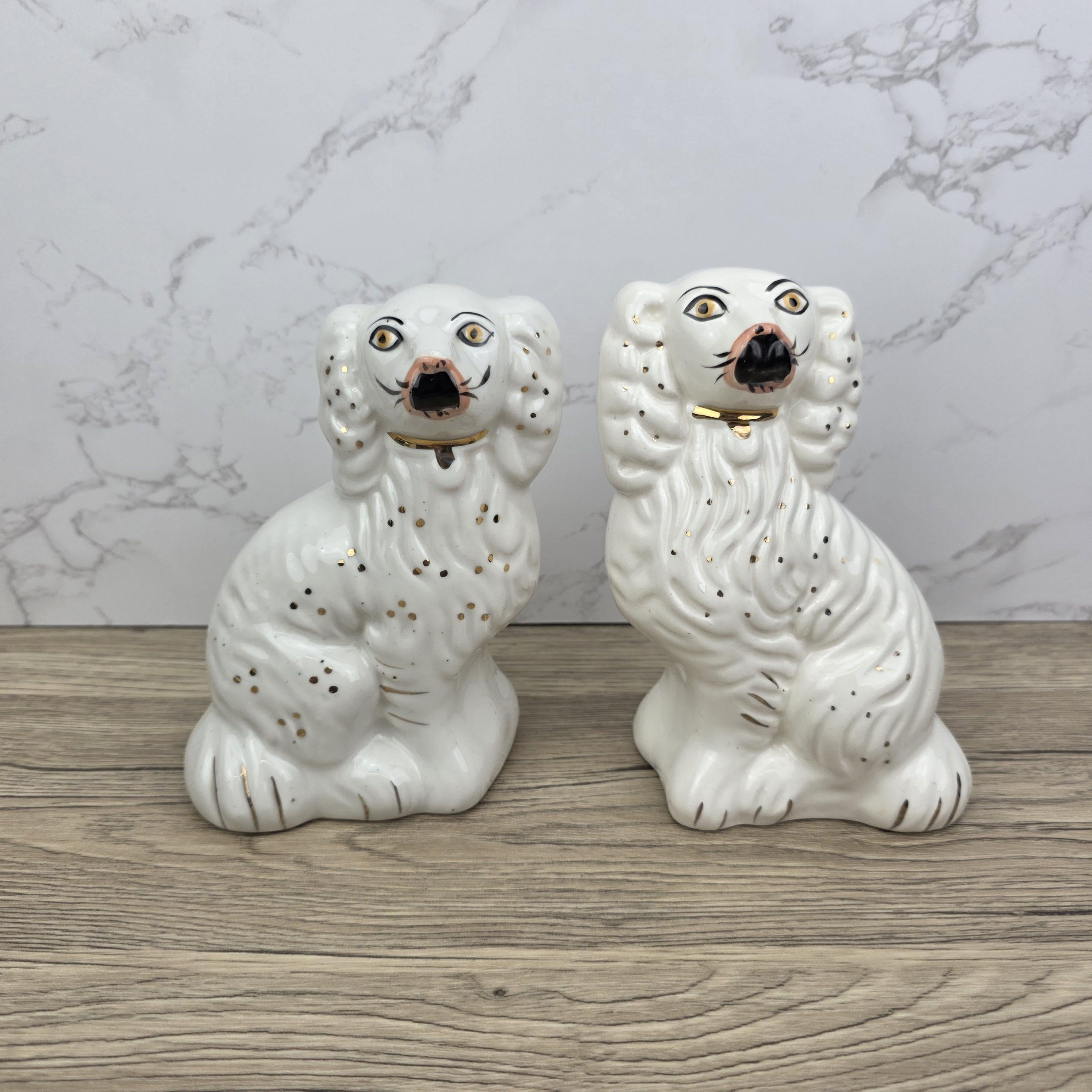 Antique Staffordshire Dog Pair – White Ceramic Spaniels with Gilt Collars