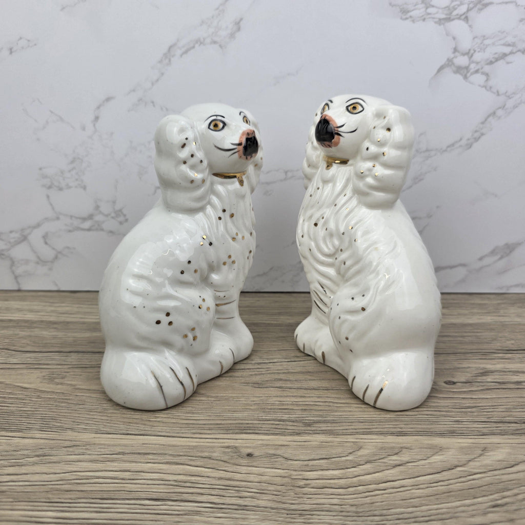 Antique Staffordshire Dog Pair – White Ceramic Spaniels with Gilt Collars