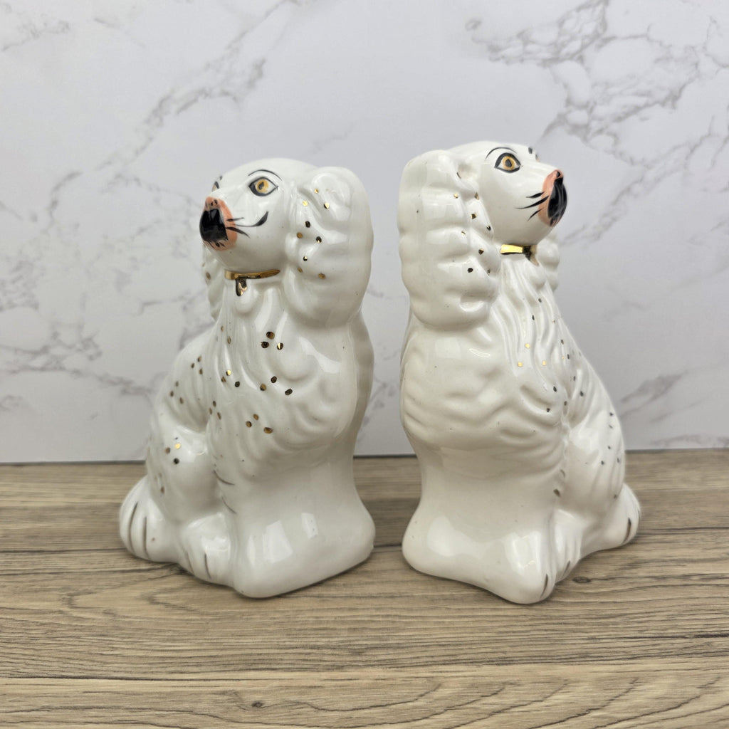 Antique Staffordshire Dog Pair – White Ceramic Spaniels with Gilt Collars