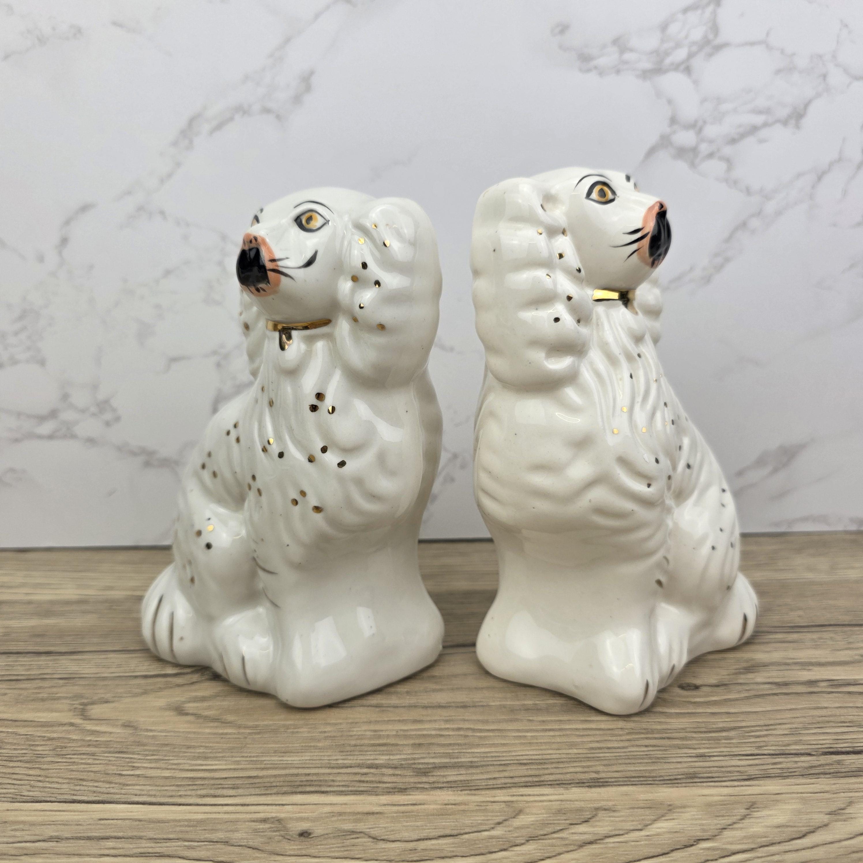 Antique Staffordshire Dog Pair – White Ceramic Spaniels with Gilt Collars