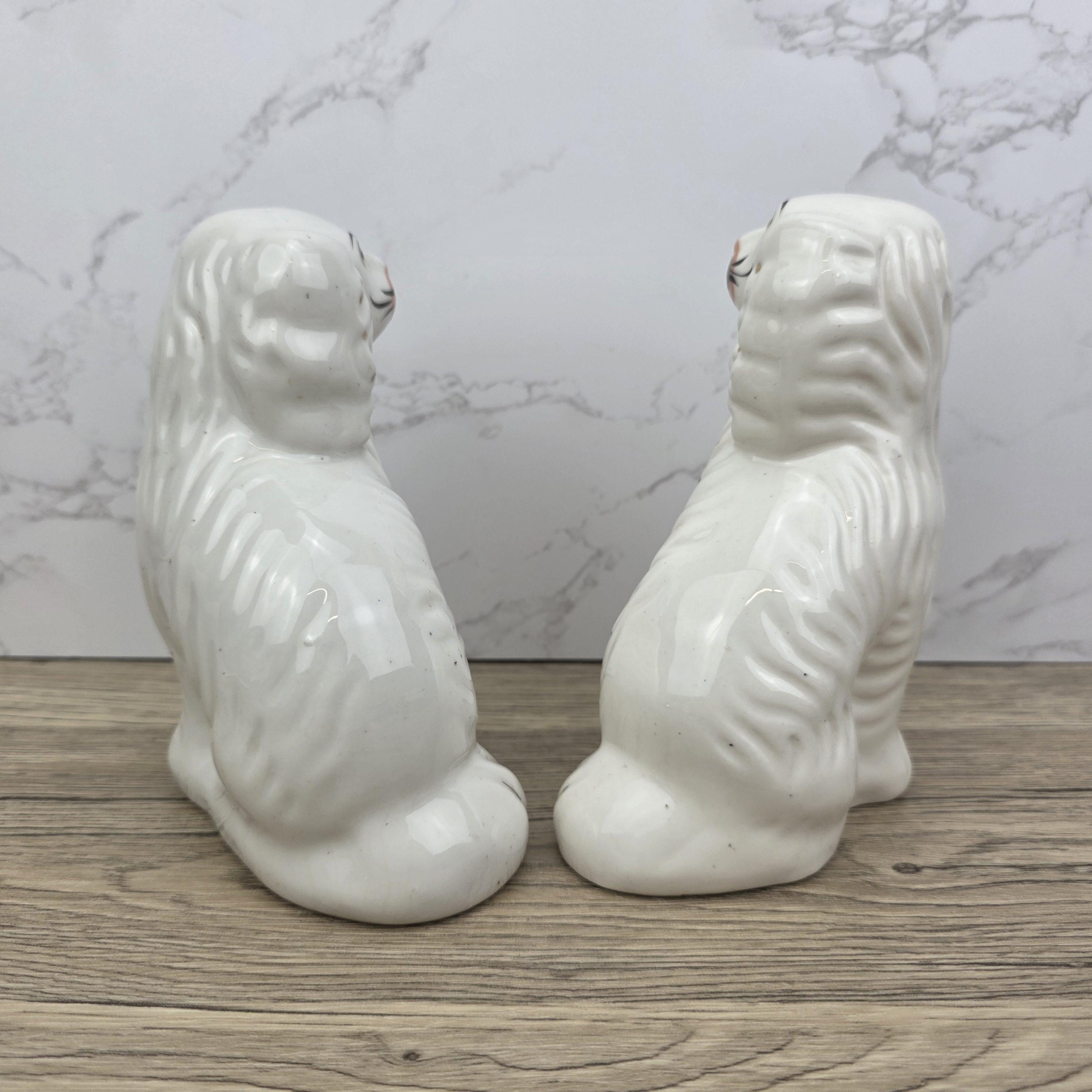 Antique Staffordshire Dog Pair – White Ceramic Spaniels with Gilt Collars